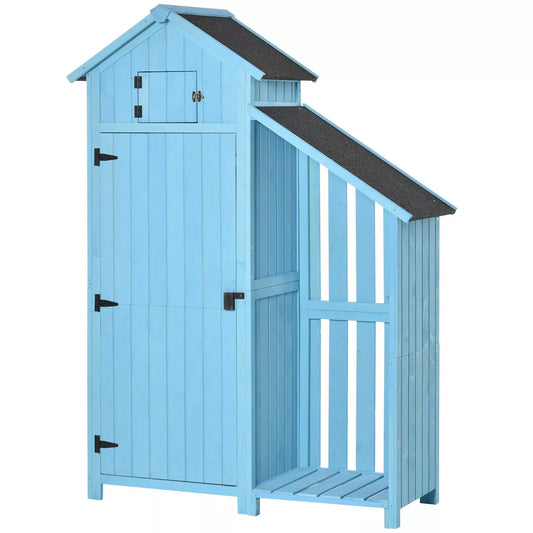 Sodo namelis įrankių sandėliukas su malkine, 3 lentynomis, asfalto danga, eglės mediena, dangaus mėlynumo, 130 x 54,5 x 180 cm