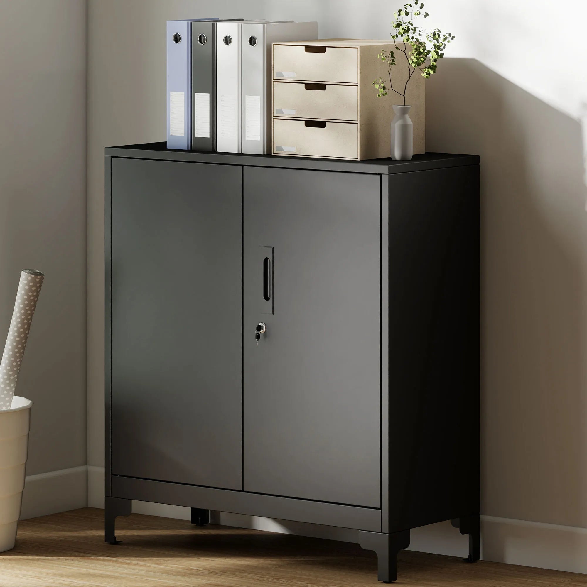 Metalinė biuro spinta, užrakinamos durys, biuro komoda, 2 pakopų dizainas, juoda