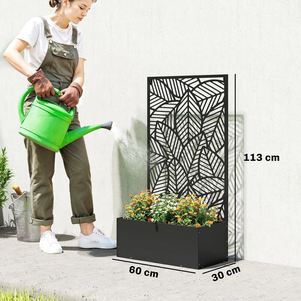 Metalinė pakelta lysvė su grotelėmis vijokliams 60x30x113 cm juoda