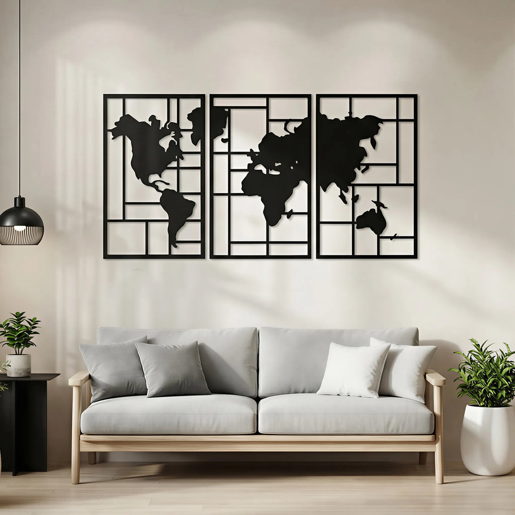 Metalinė sienų dekoracija pasaulio žemėlapis, 3 dalių, 150x80 cm, juoda