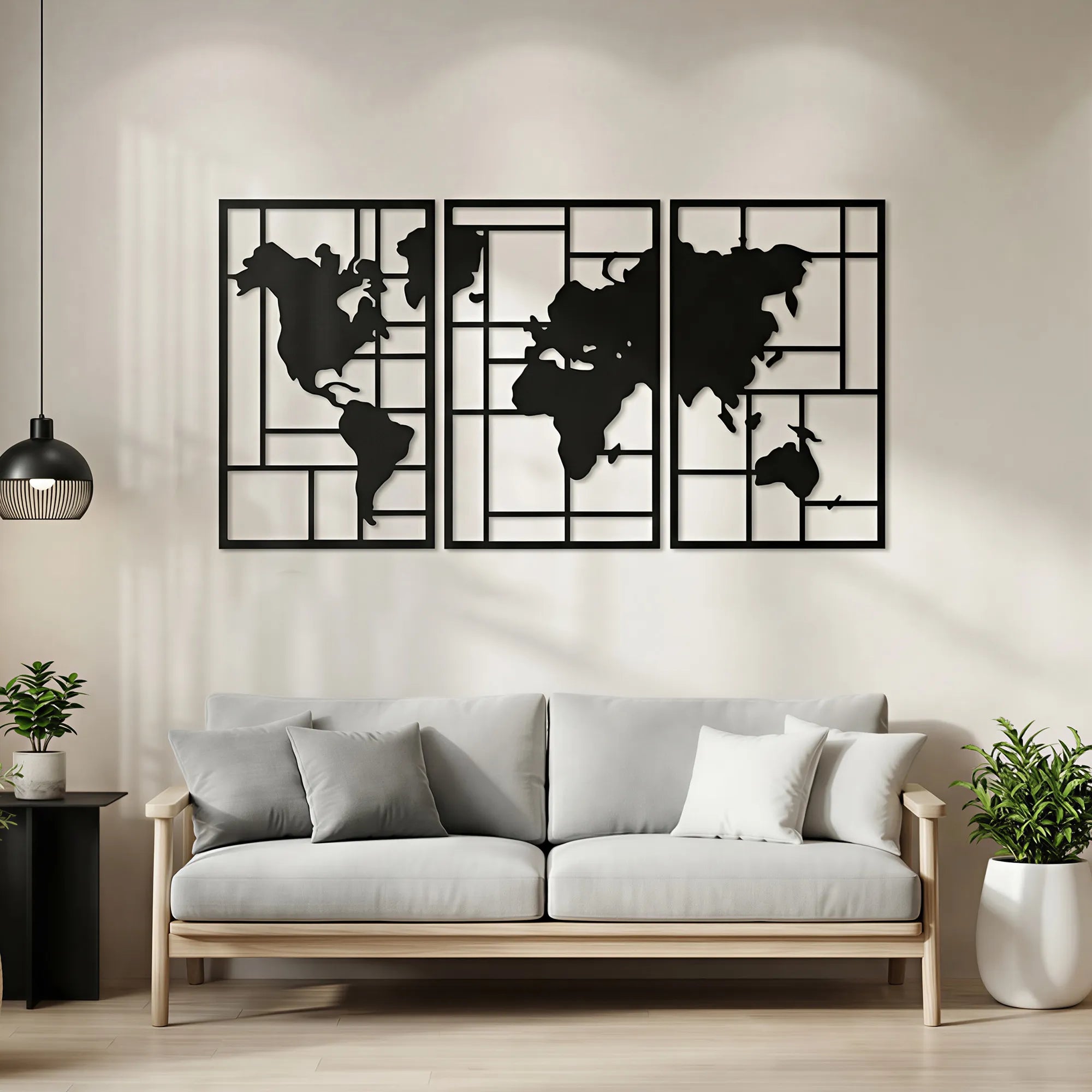 Metalinė sienų dekoracija pasaulio žemėlapis, 3 dalių, 150x80 cm, juoda