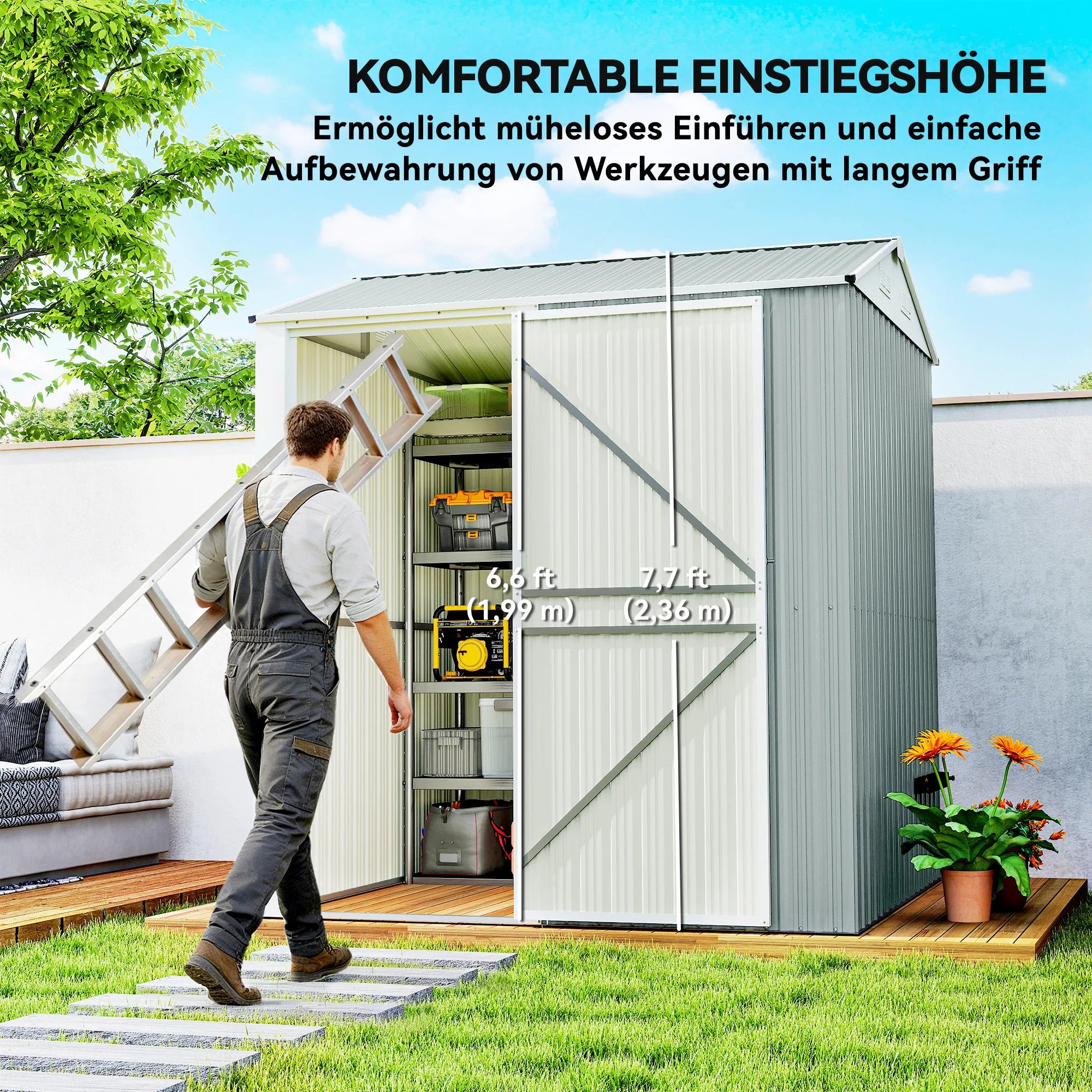 Metalinė sodo stoginė erdvus įrankių namelis 3.5 m² šviesiai pilkas