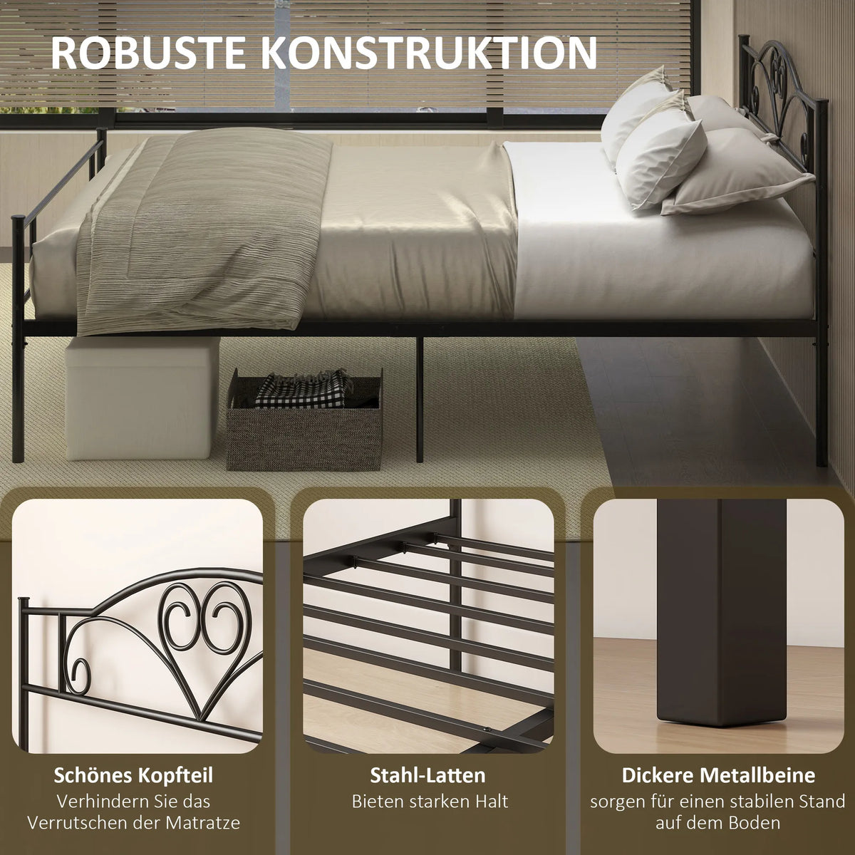 Metalinis lovos rėmas su galvūgalio dalimi, 300 kg apkrova, 145L x 211B x 106H cm, juodas