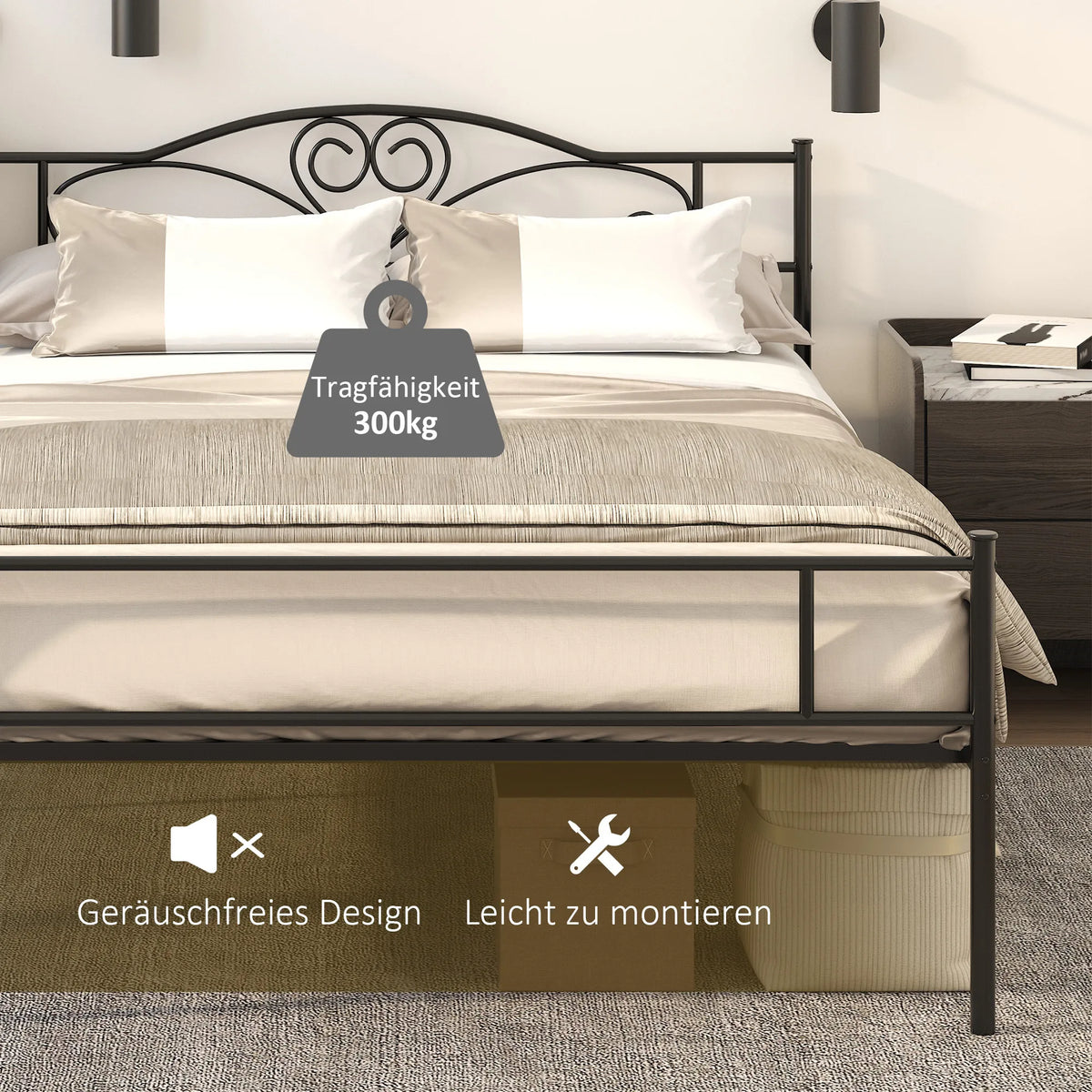 Metalinis lovos rėmas su galvūgalio dalimi, 300 kg apkrova, 145L x 211B x 106H cm, juodas