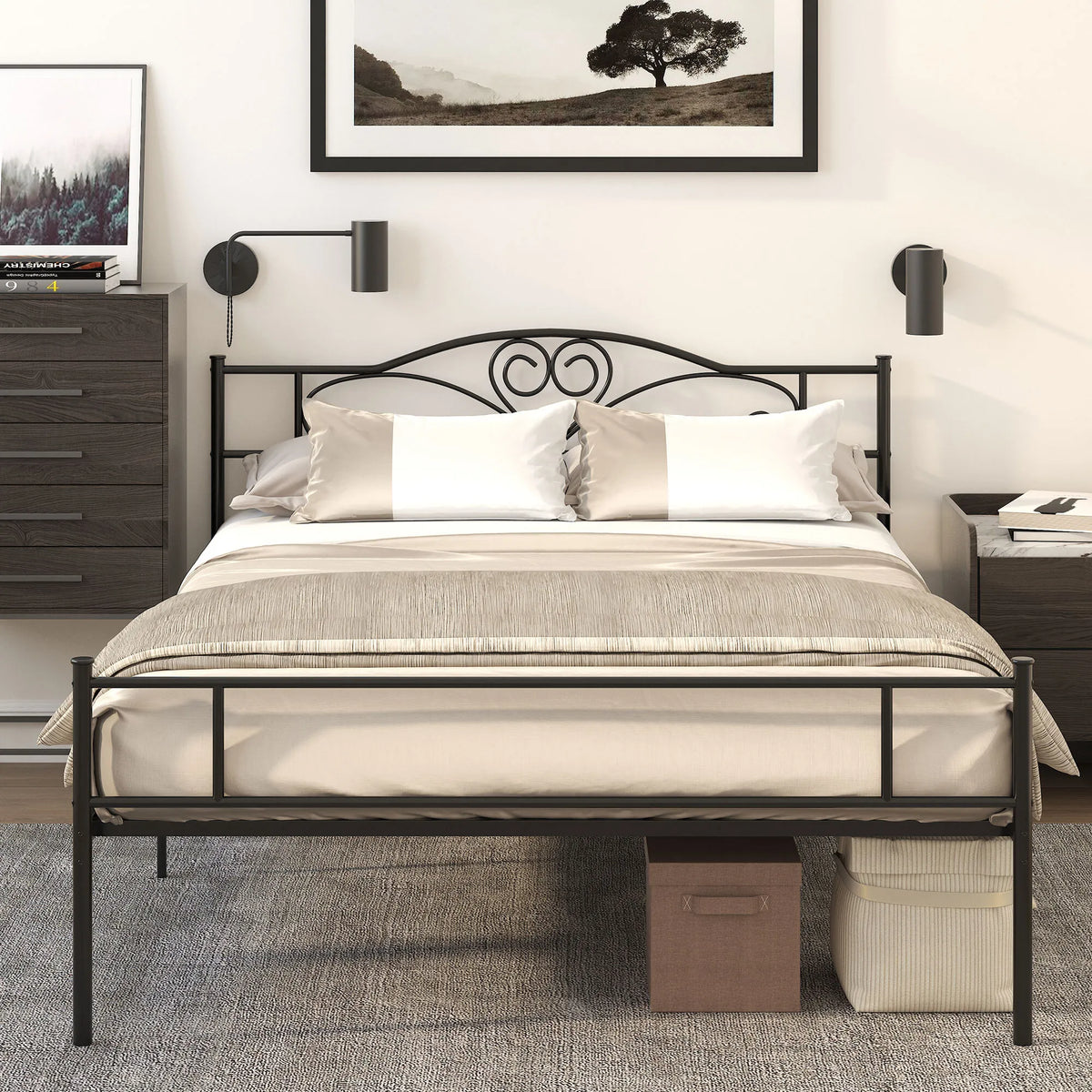 Metalinis lovos rėmas su galvūgalio dalimi, 300 kg apkrova, 145L x 211B x 106H cm, juodas