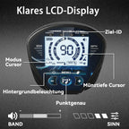Detektoriaus LCD ekranas iš arti su valdymo mygtukais ir rodmenimis