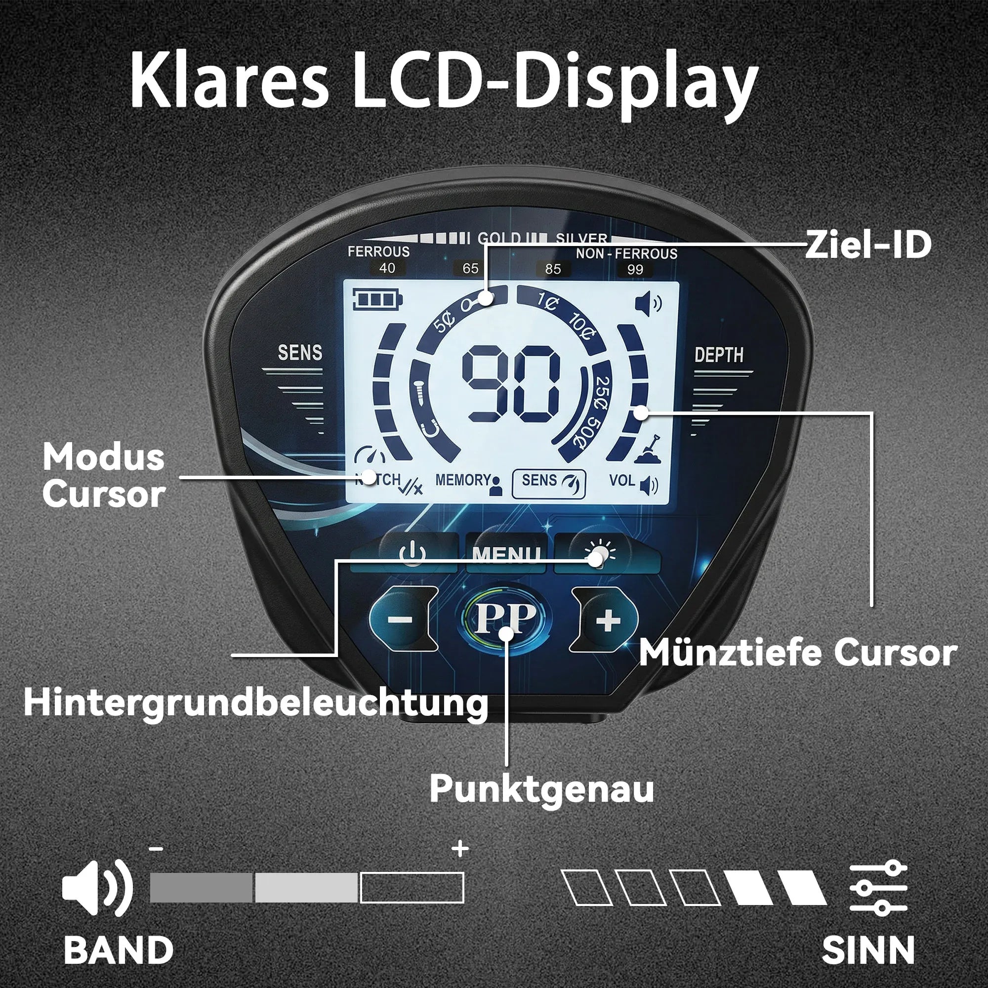 Metalio detektorius, IP68 vandeniui atsparus, su 3 paieškos režimais, LCD ekranu, ausinėmis ir kastuvu
