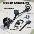 Komplekto turinys ant trinkelių: detektorius, ausinės, kastuvas ir baterijos