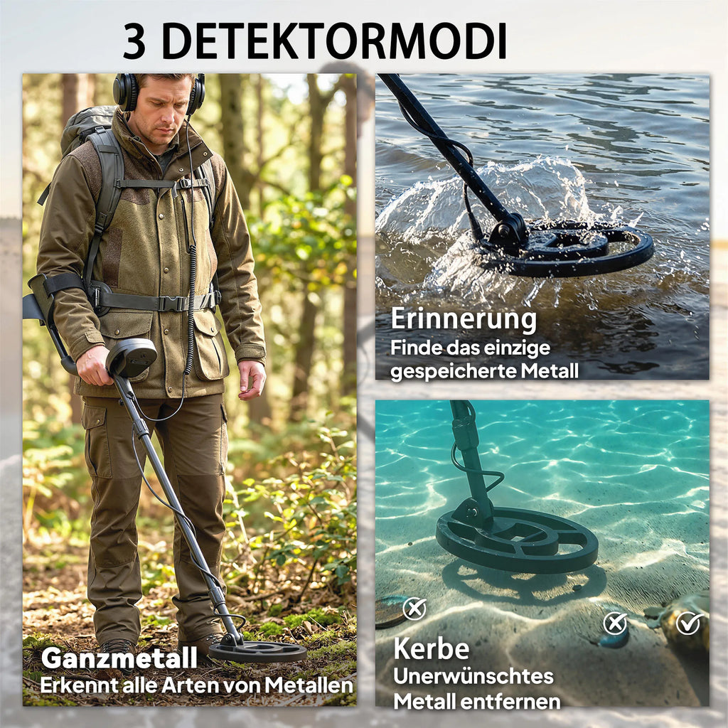 Metalio detektorius, IP68 vandeniui atsparus, su 3 paieškos režimais, LCD ekranu, ausinėmis ir kastuvu