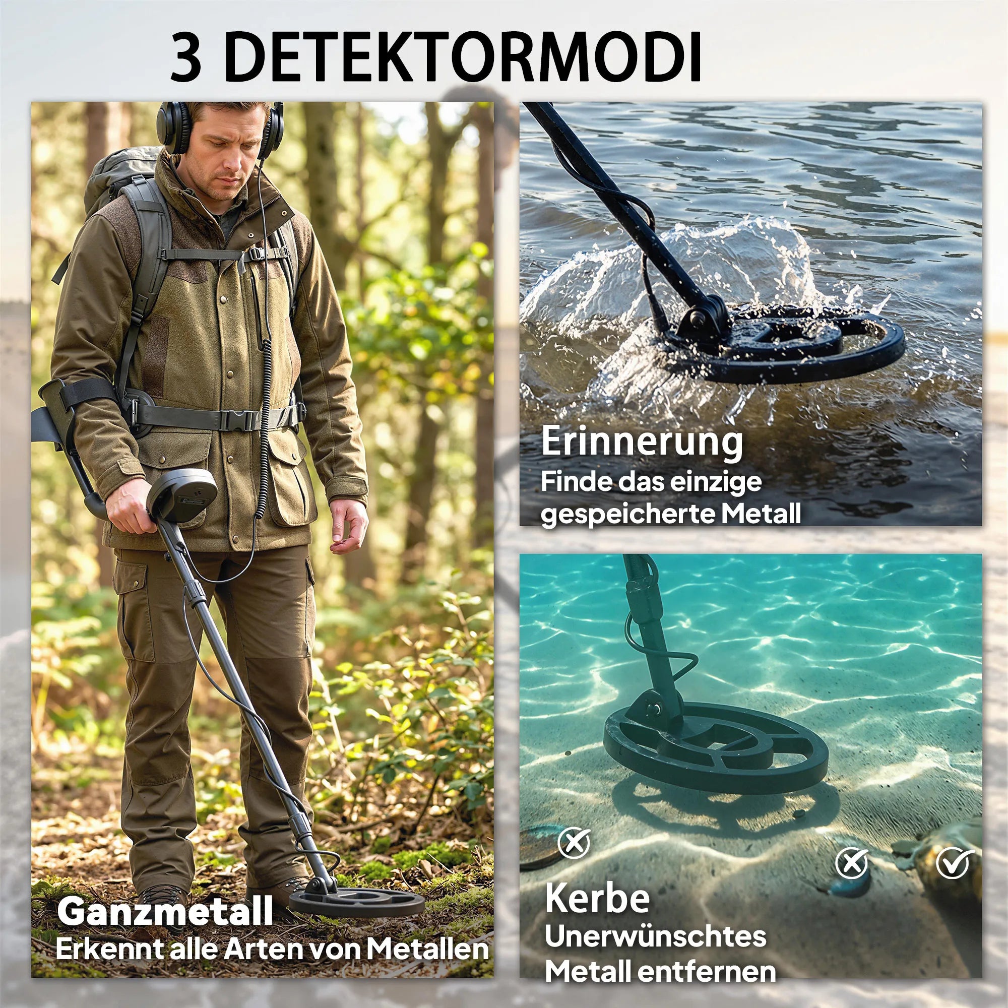 Metalio detektorius, IP68 vandeniui atsparus, su 3 paieškos režimais, LCD ekranu, ausinėmis ir kastuvu