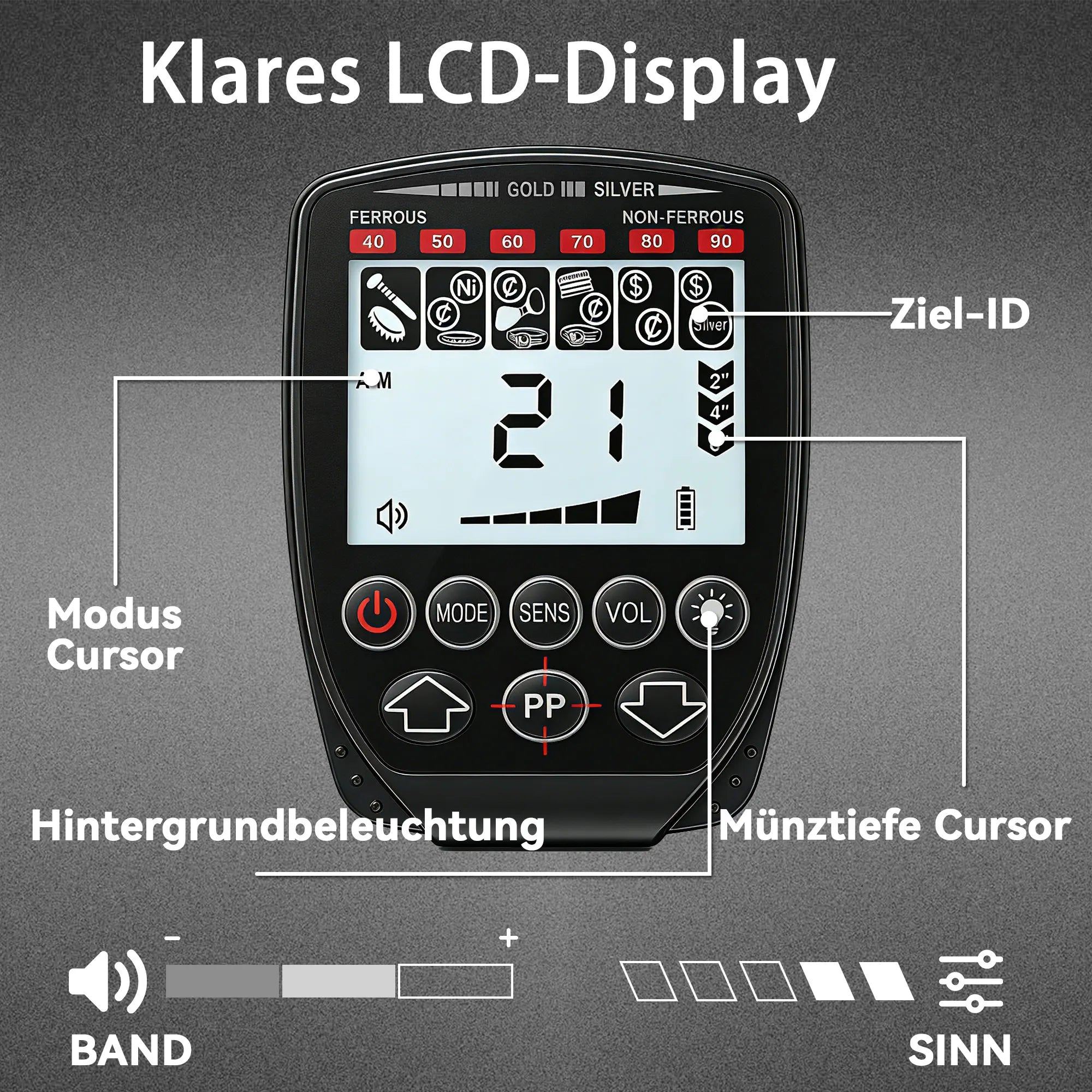 Metalo detektorius sulankstomas su LCD ekranu ir priedais, juodas