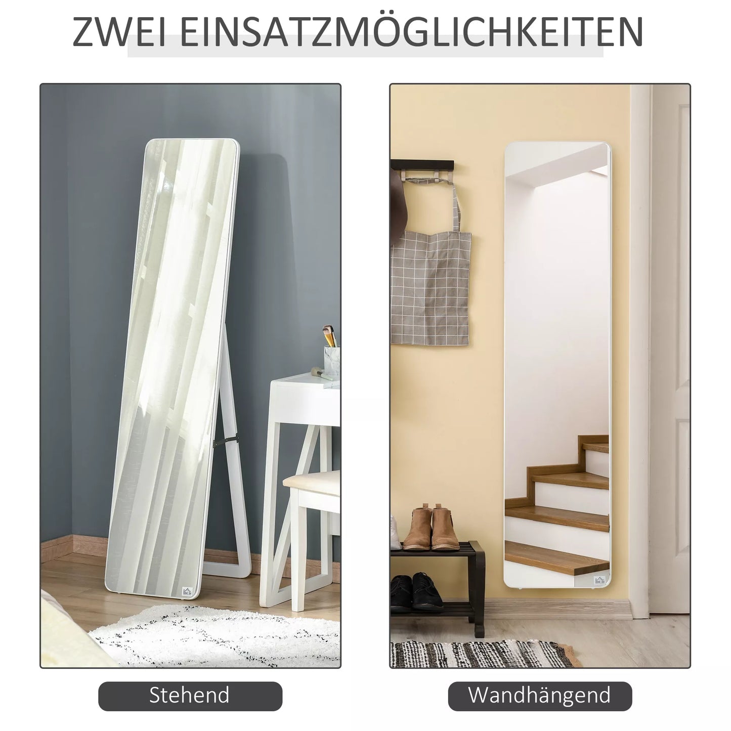 Stovas veidrodis Visas kūno veidrodis su atlenkiamu rėmu Makiažo veidrodis, stovintis laisvai arba montuojamas prie sienos, tvirtas, skirtas svetainei arba garderobui Pušies mediena MDF Balta 37 x 43 x 156 cm