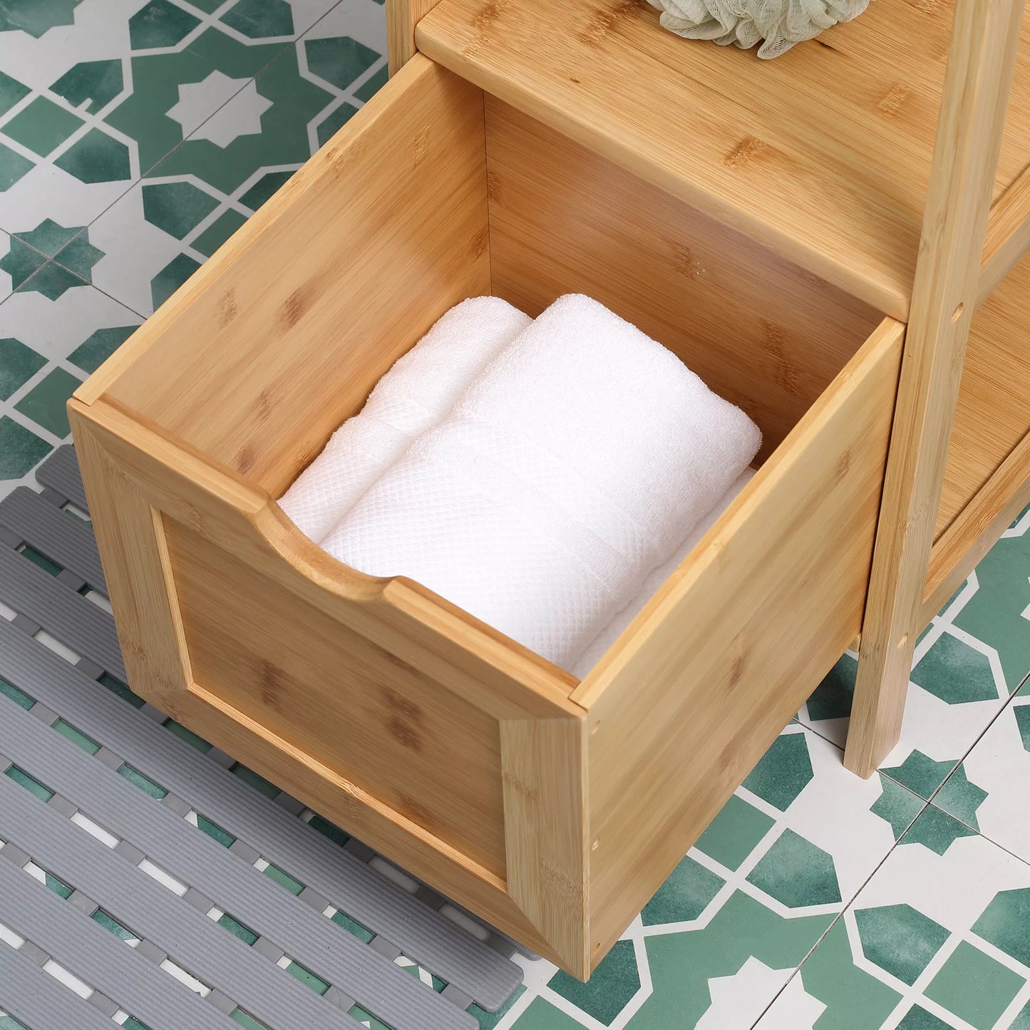 Vonios spintelė, 3 lentynos, 2 stalčiai, bambukas, 30 cm x 30 cm x 140 cm, natūrali