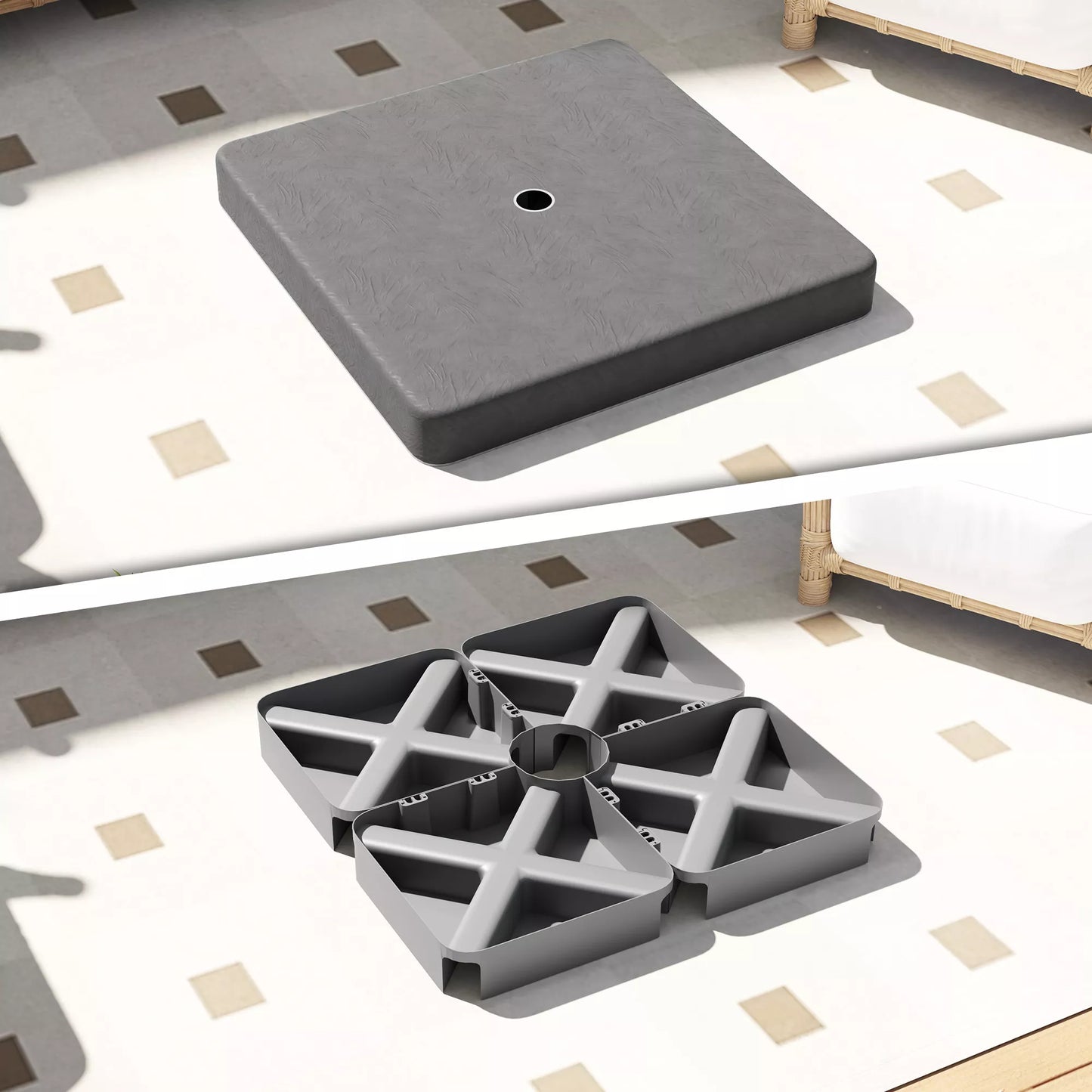 Pagrindo svoriai skėčių stovams, vandeniui atsparūs, užpildomi smėliu, plastikiniai, 89 cm x 89 cm x 10,5 cm, juodi