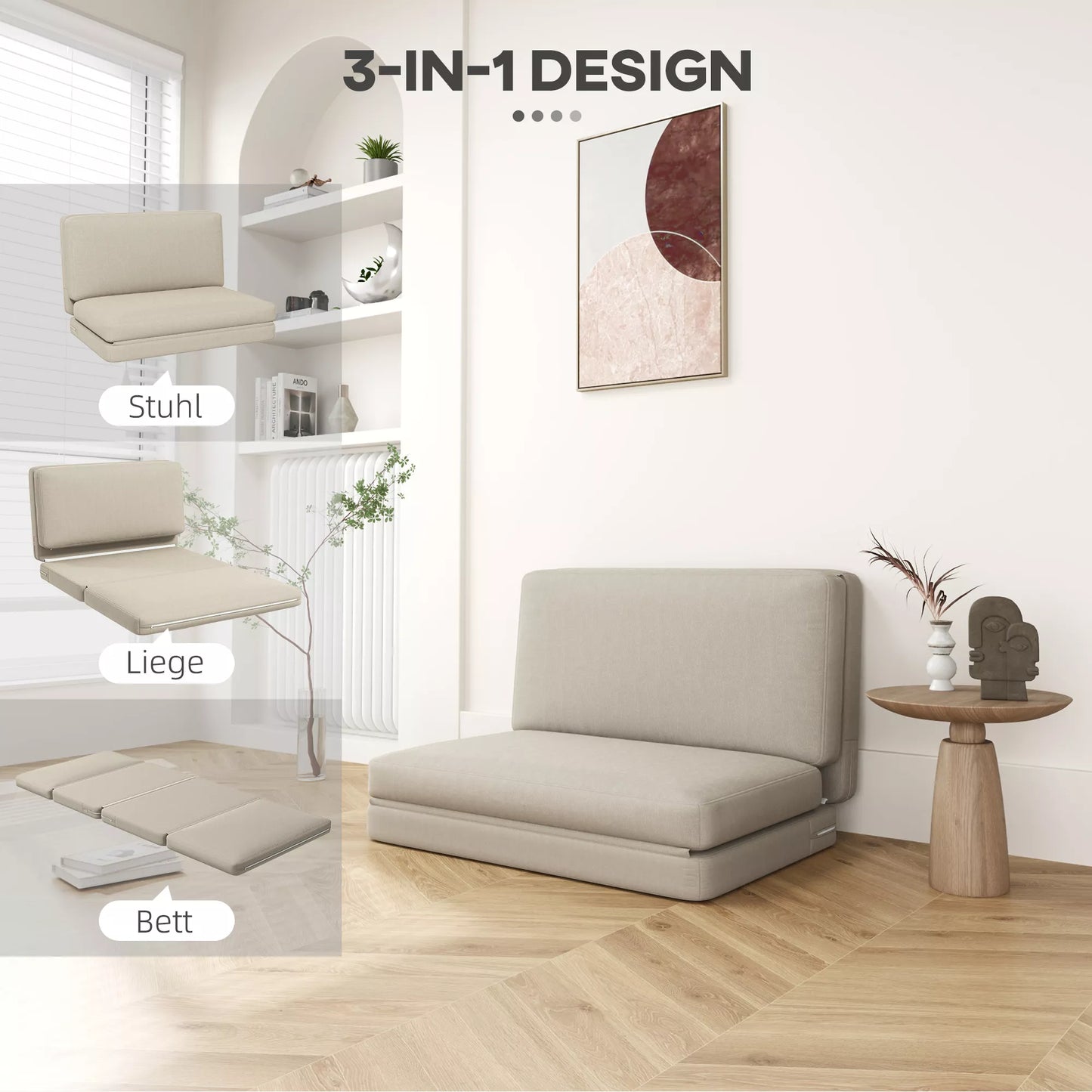 2-in-1 sulankstomas relaksacinis krėslas, svečio čiužinys, dalomas, 120 cm pločio, smėlio spalvos