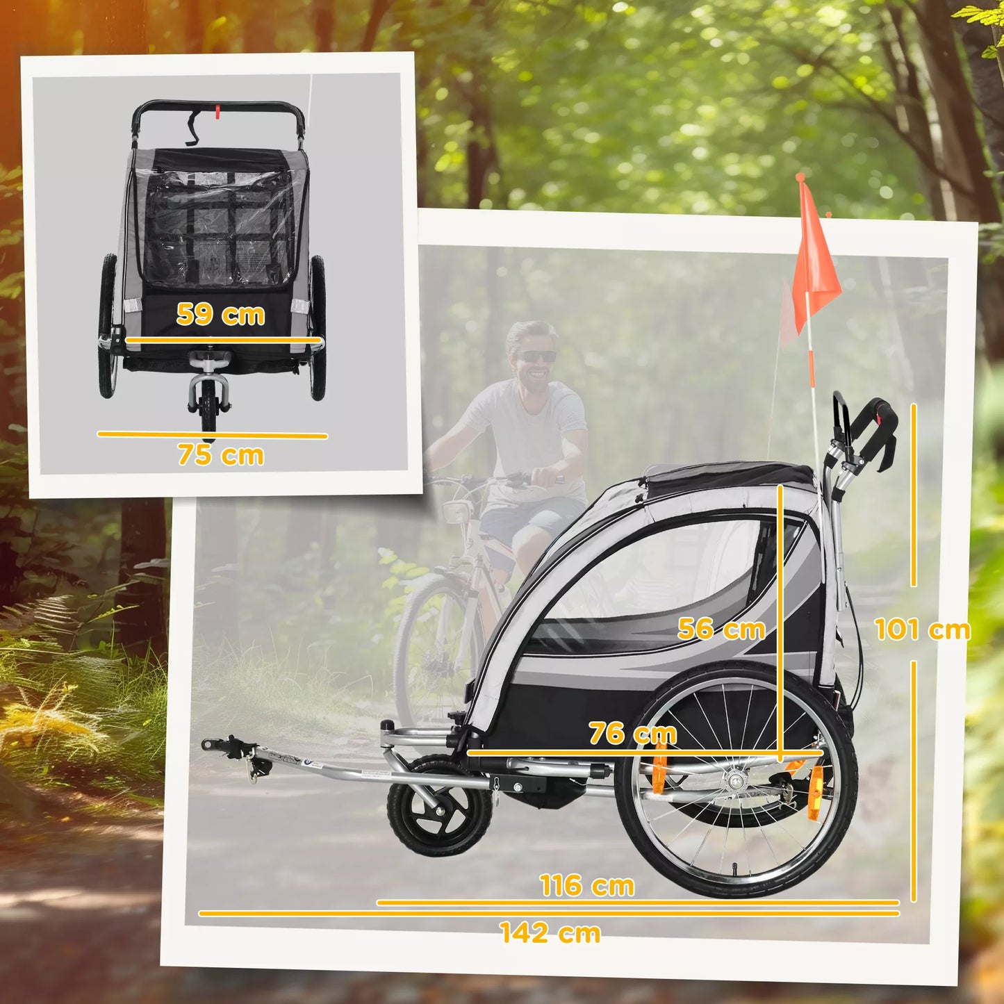 Vaikiška dviračio priekaba, stumiamas vežimėlis, su stabdžiais, sulankstomas, 2 vaikams, Pilka/Juoda