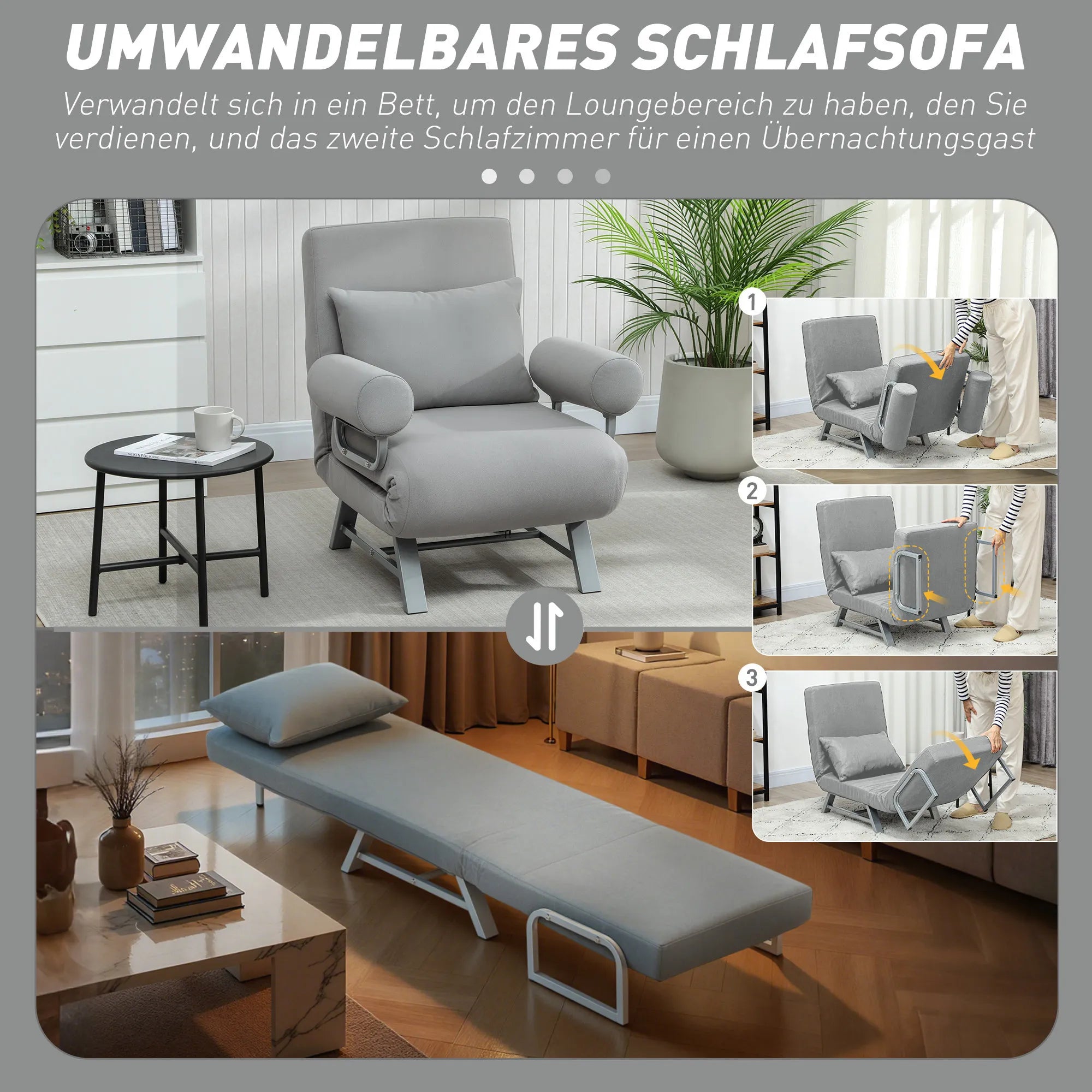 Miegamasis fotelis, minkštas fotelis, transformuojamas į svečių lovą, ergonomiškas, šviesiai pilkos spalvos