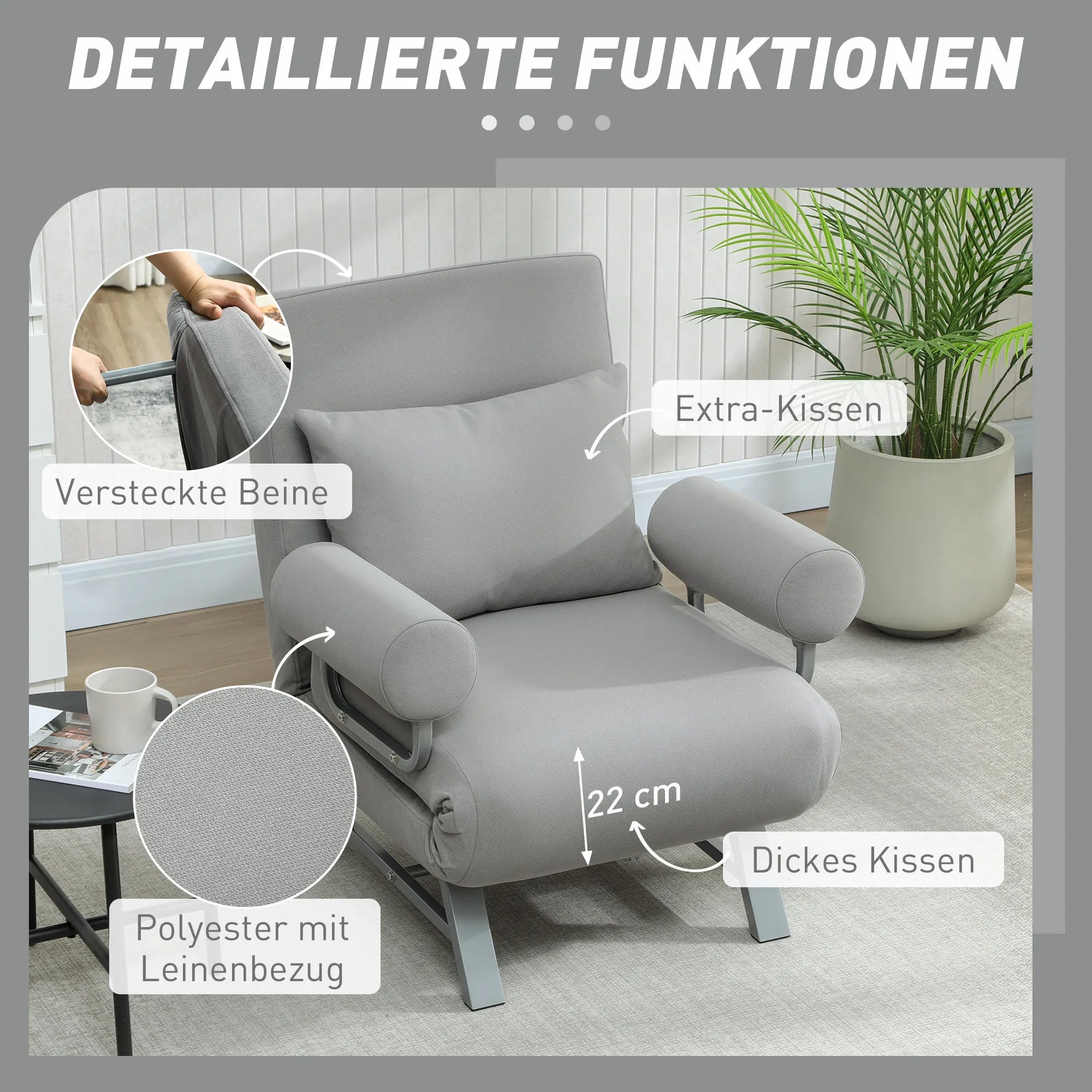 Miegamasis fotelis, minkštas fotelis, transformuojamas į svečių lovą, ergonomiškas, šviesiai pilkos spalvos