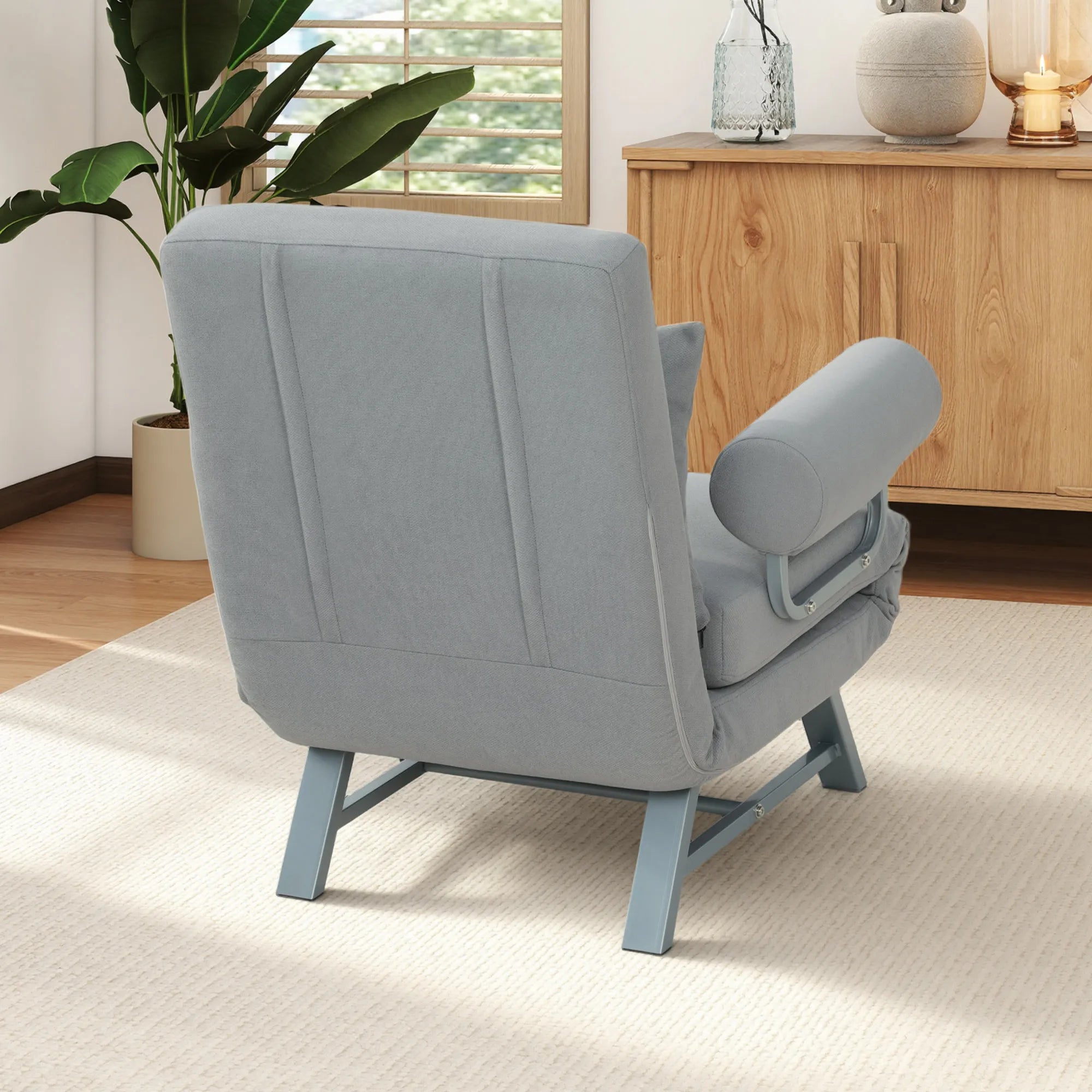 Miegamasis fotelis, minkštas fotelis, transformuojamas į svečių lovą, ergonomiškas, šviesiai pilkos spalvos