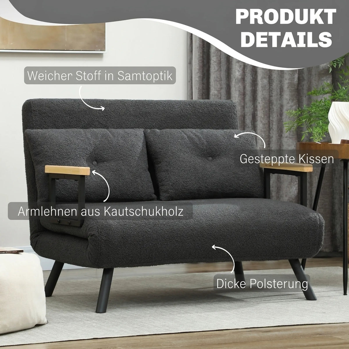 Miegamoji sofa, dvivietė, su miegojimo funkcija, 2 pagalvėlės, šerpos išvaizda, natūrali, tamsiai pilka ir juoda