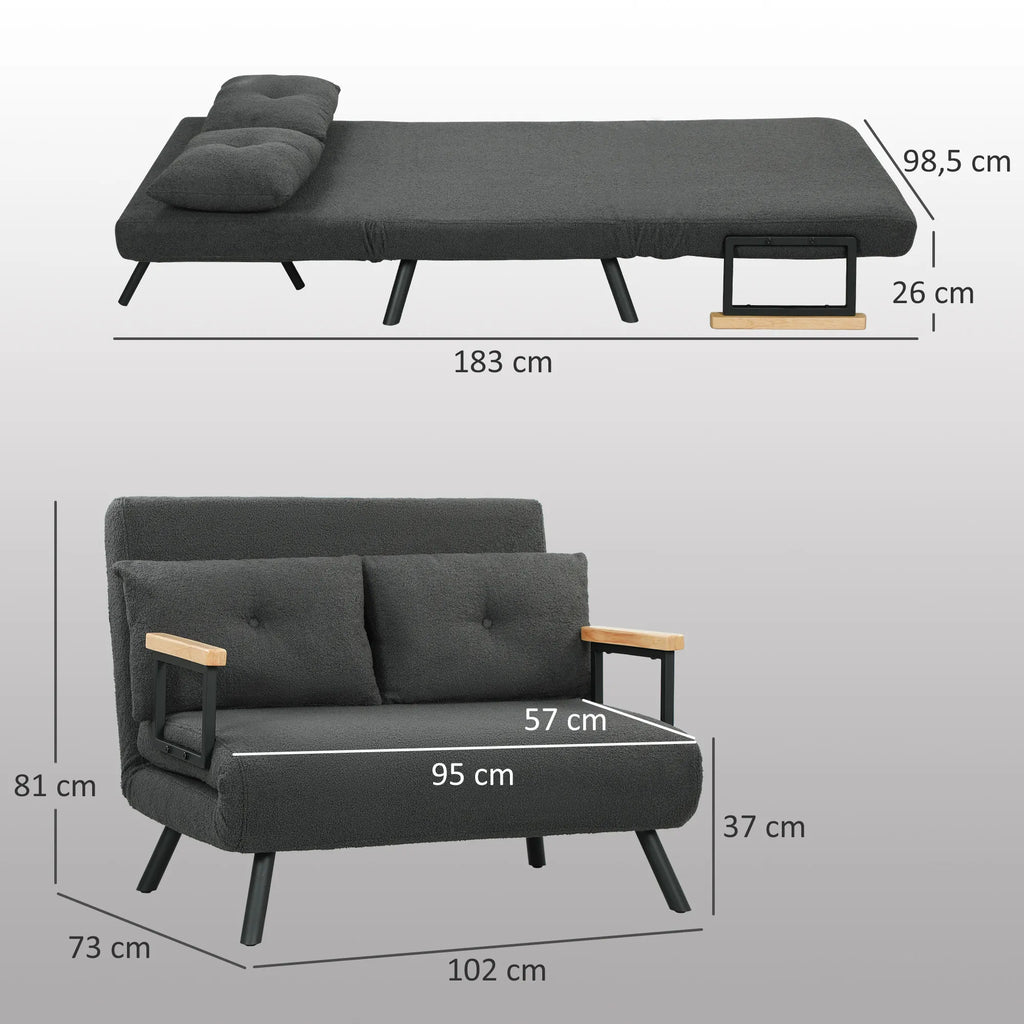Matmenų schema: sulankstyta 183×98,5 cm, sofos režimu 102×81 cm