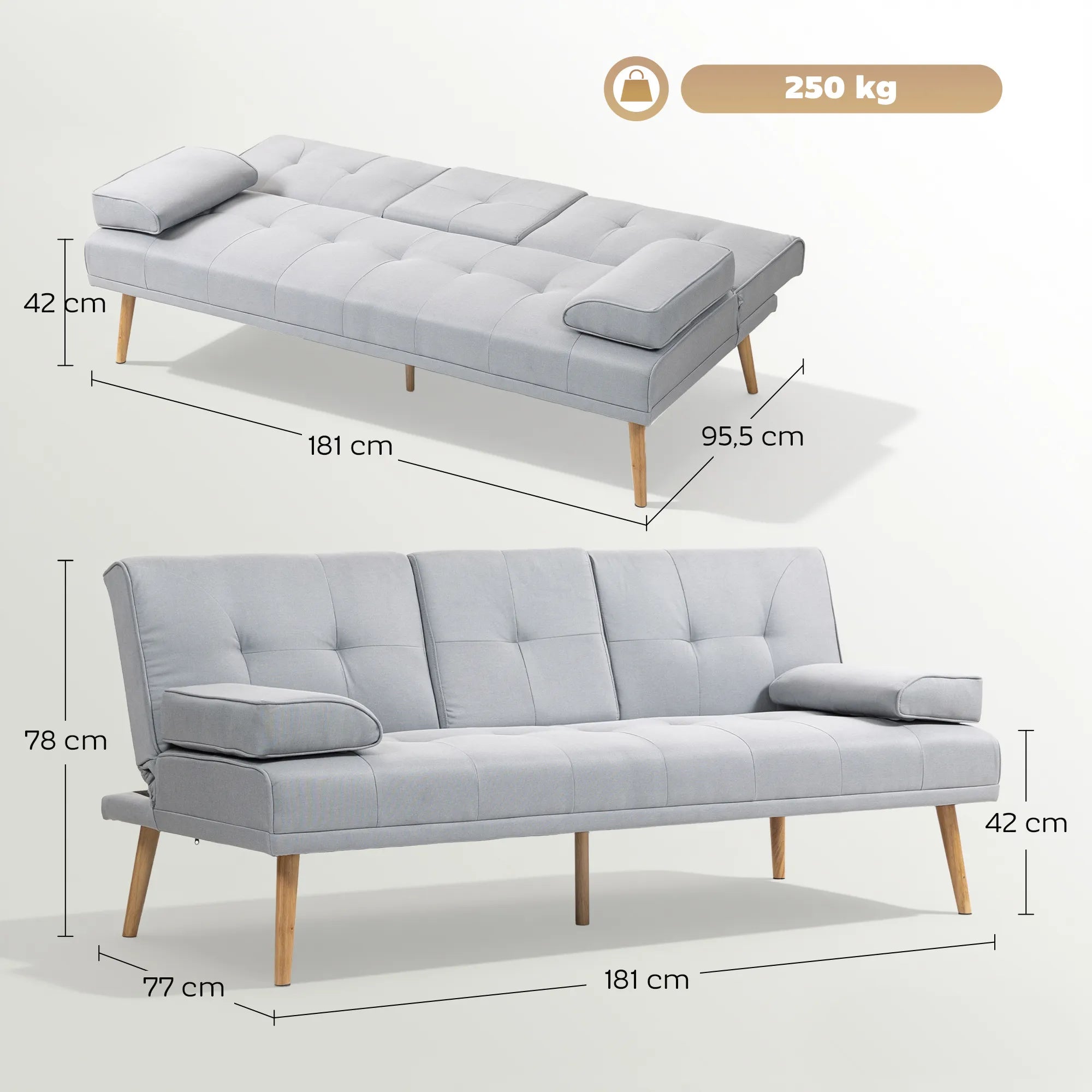 Miegamoji sofa HOMCOM su staleliu, 181 cm, šviesiai pilka
