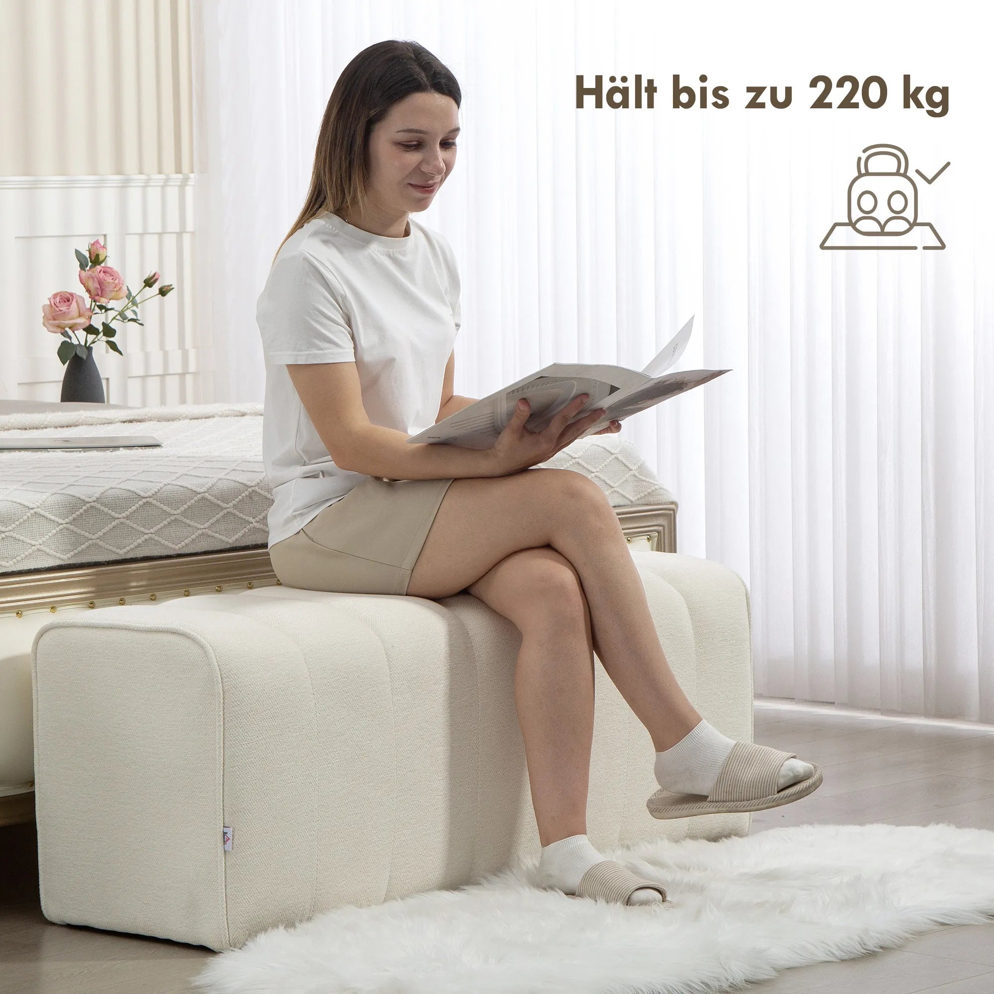 Miegamojo suoliukas, 110 cm, kreminės baltos spalvos