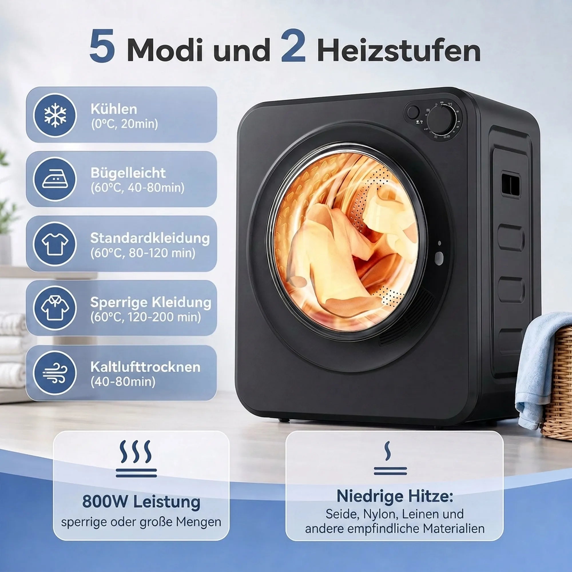 Mini drabužių džiovyklė, 4 kg, 5 programos, 800/400 W, juoda