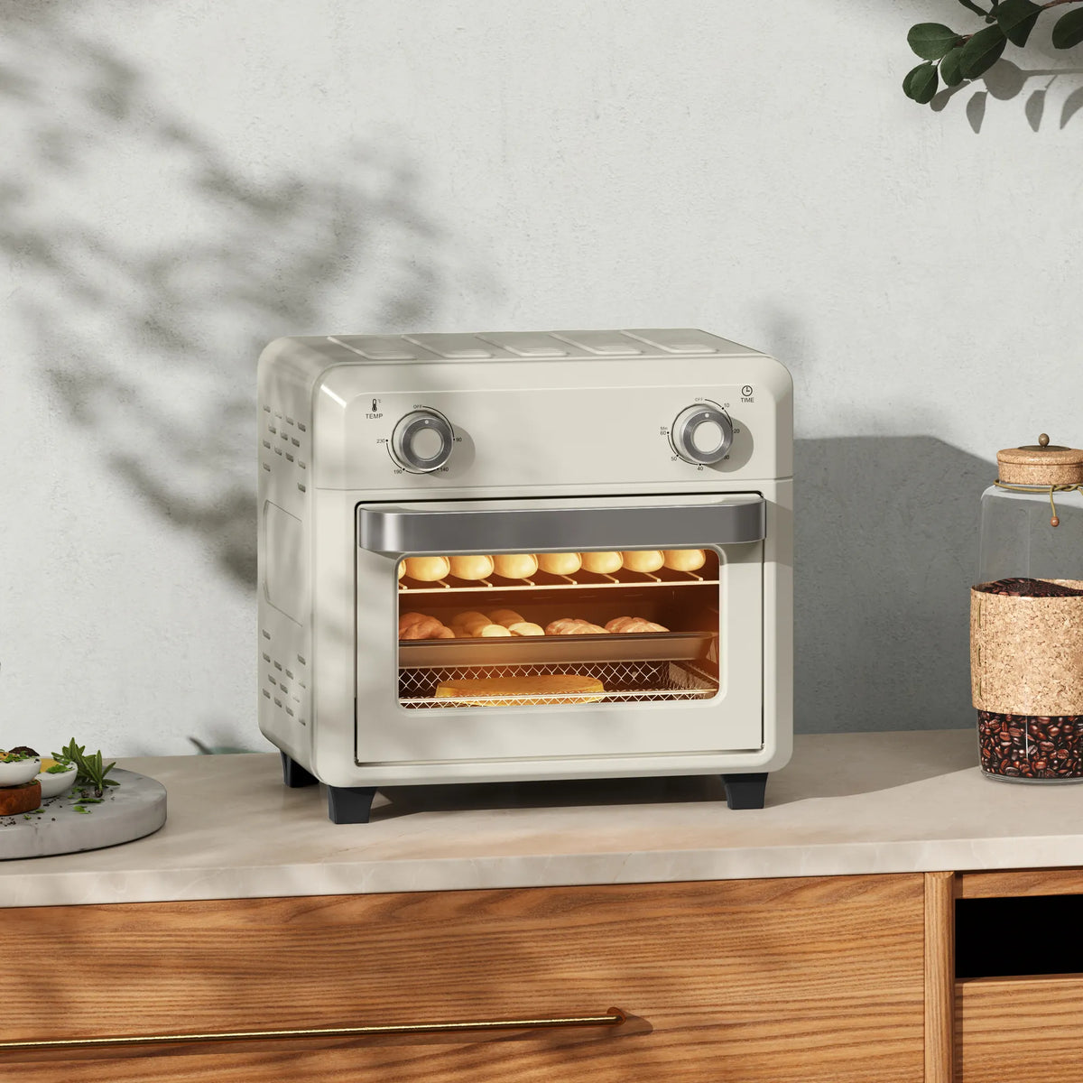 Mini krosnelė su oro gruzdintuvės funkcija, 10L, 1000W, kreminė balta