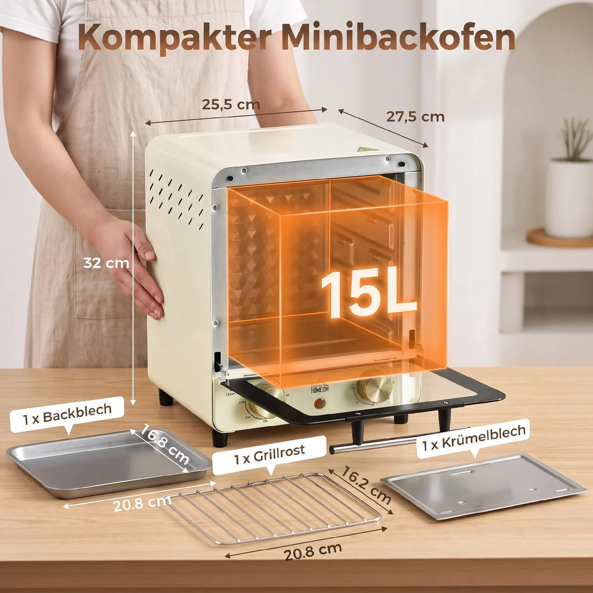 Mini orkaitė, 15 l, 1000 W, su reguliuojamo aukščio kepimo skarda ir grotelėmis