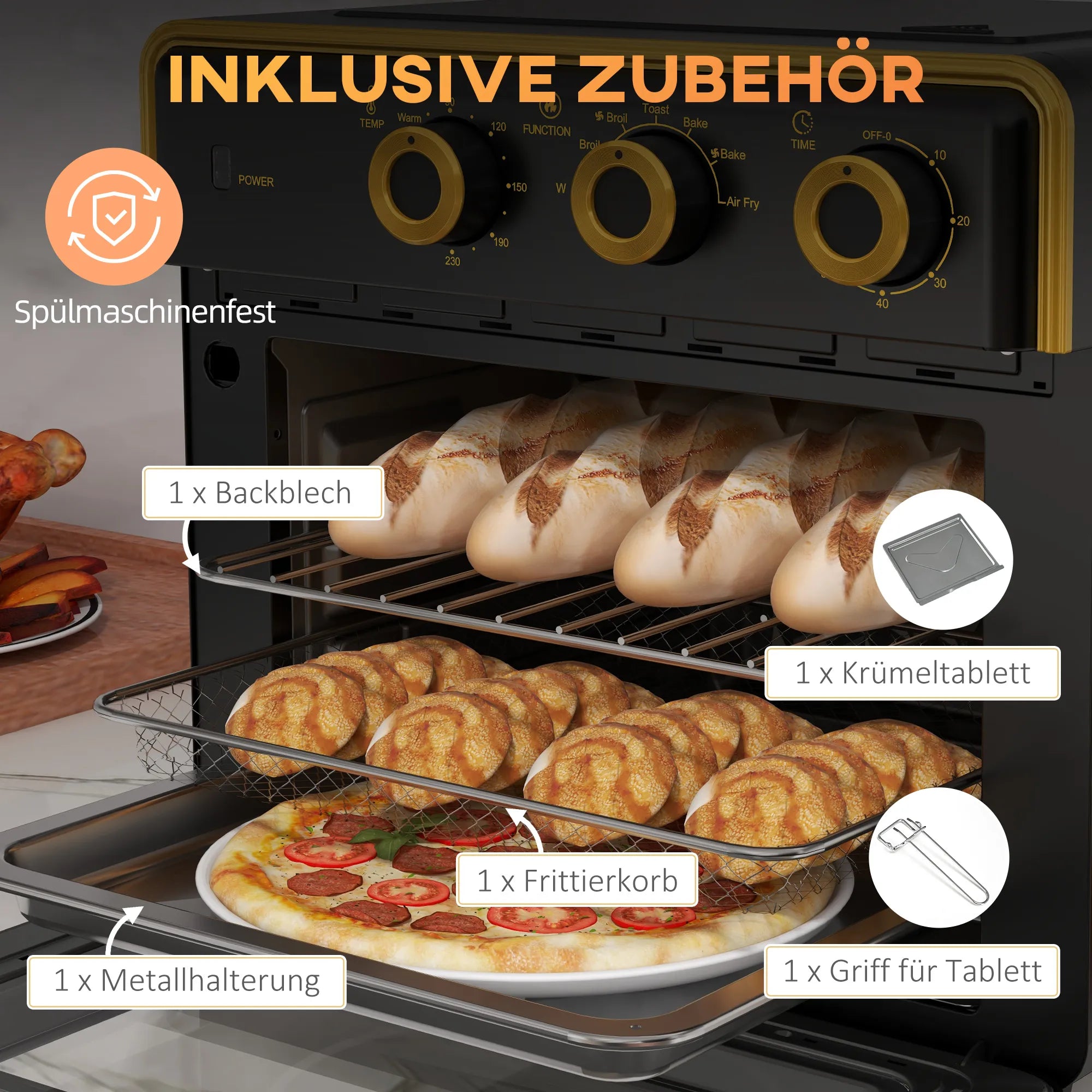 Mini orkaitė 20 l su konvekcija, juoda ir auksinė