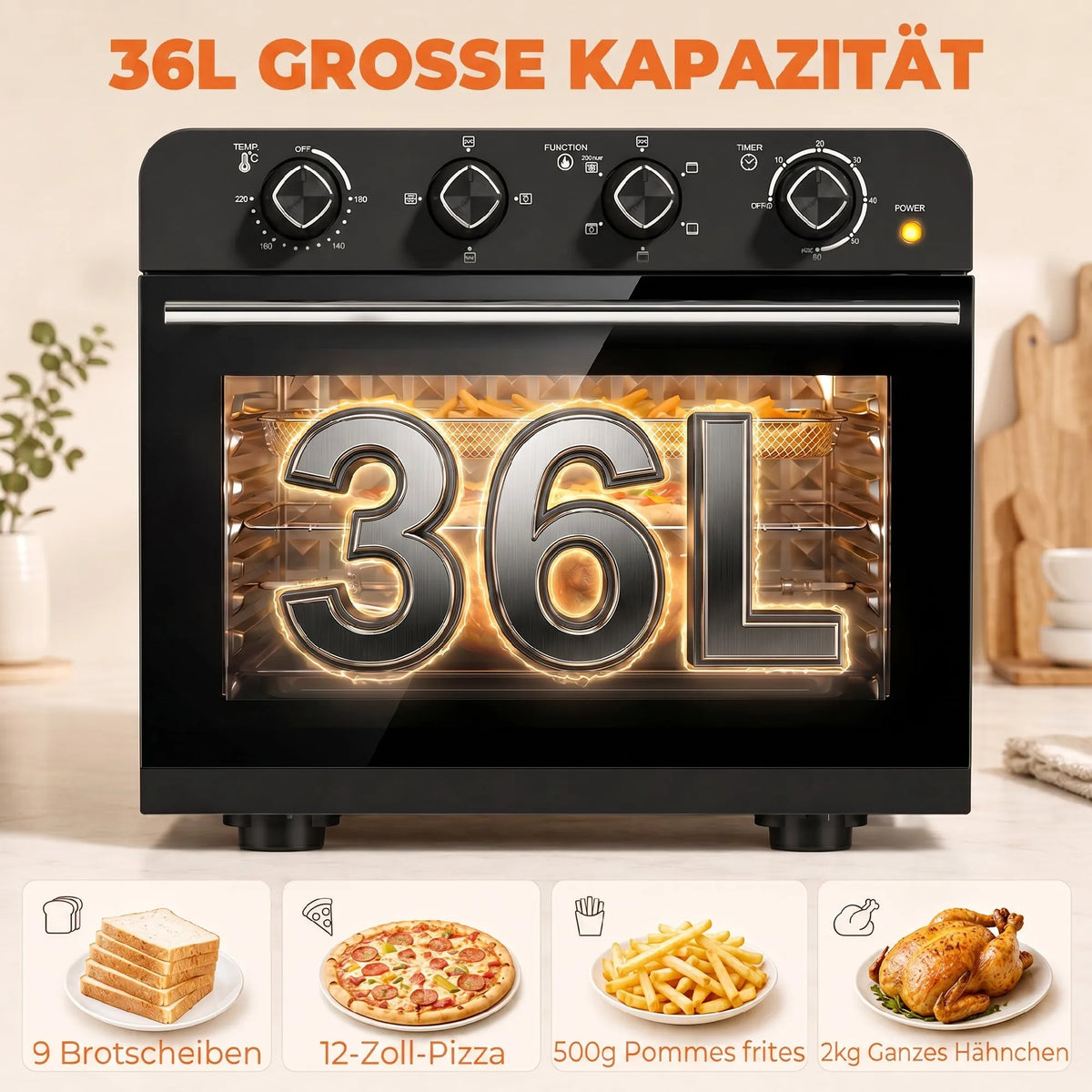 Mini orkaitė-karšto oro gruzdintuvė, 1800 W, su konvekcija ir iešmo rinkiniu