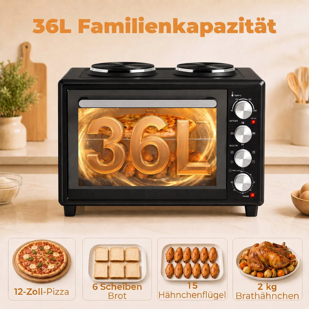 Mini orkaitė su 2 kaitvietėmis, 36 l, su konvekcija, juoda