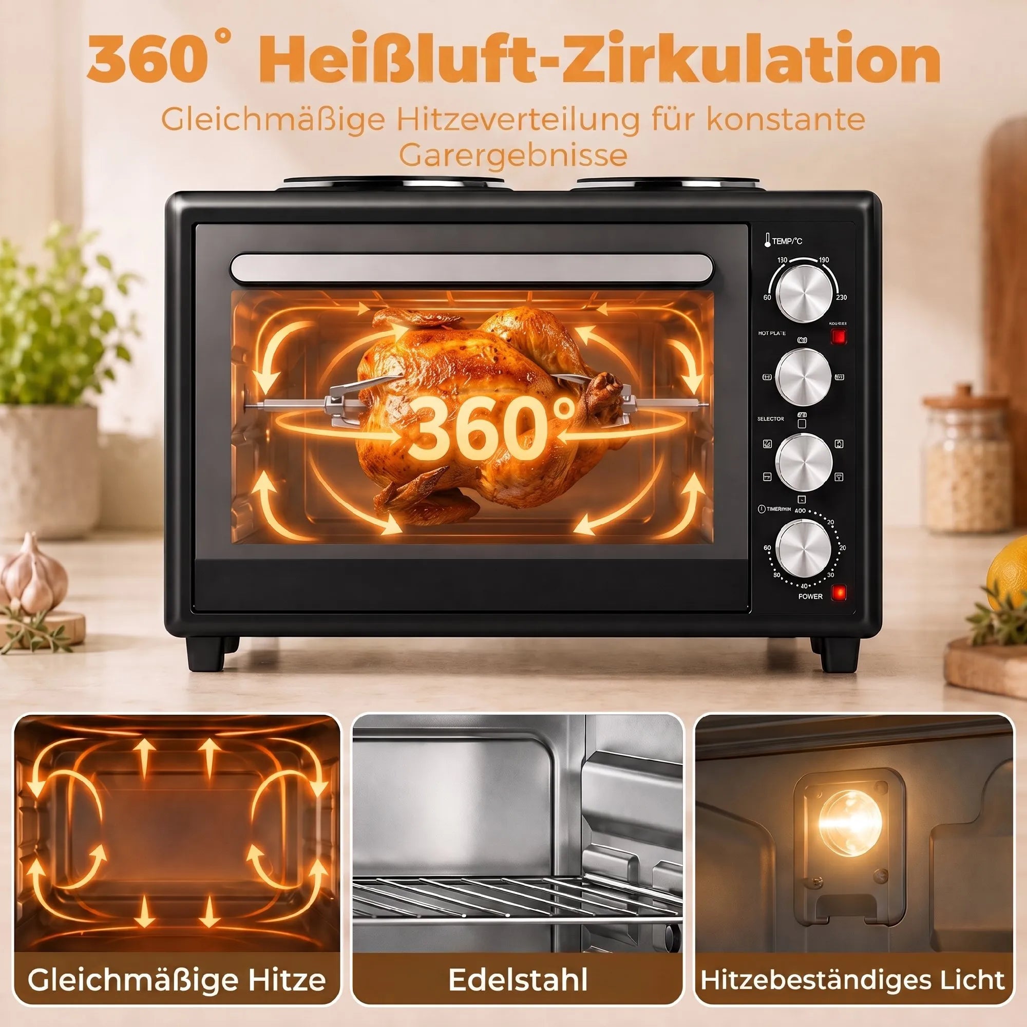 Mini orkaitė su 2 kaitvietėmis, 36 l, su konvekcija, juoda