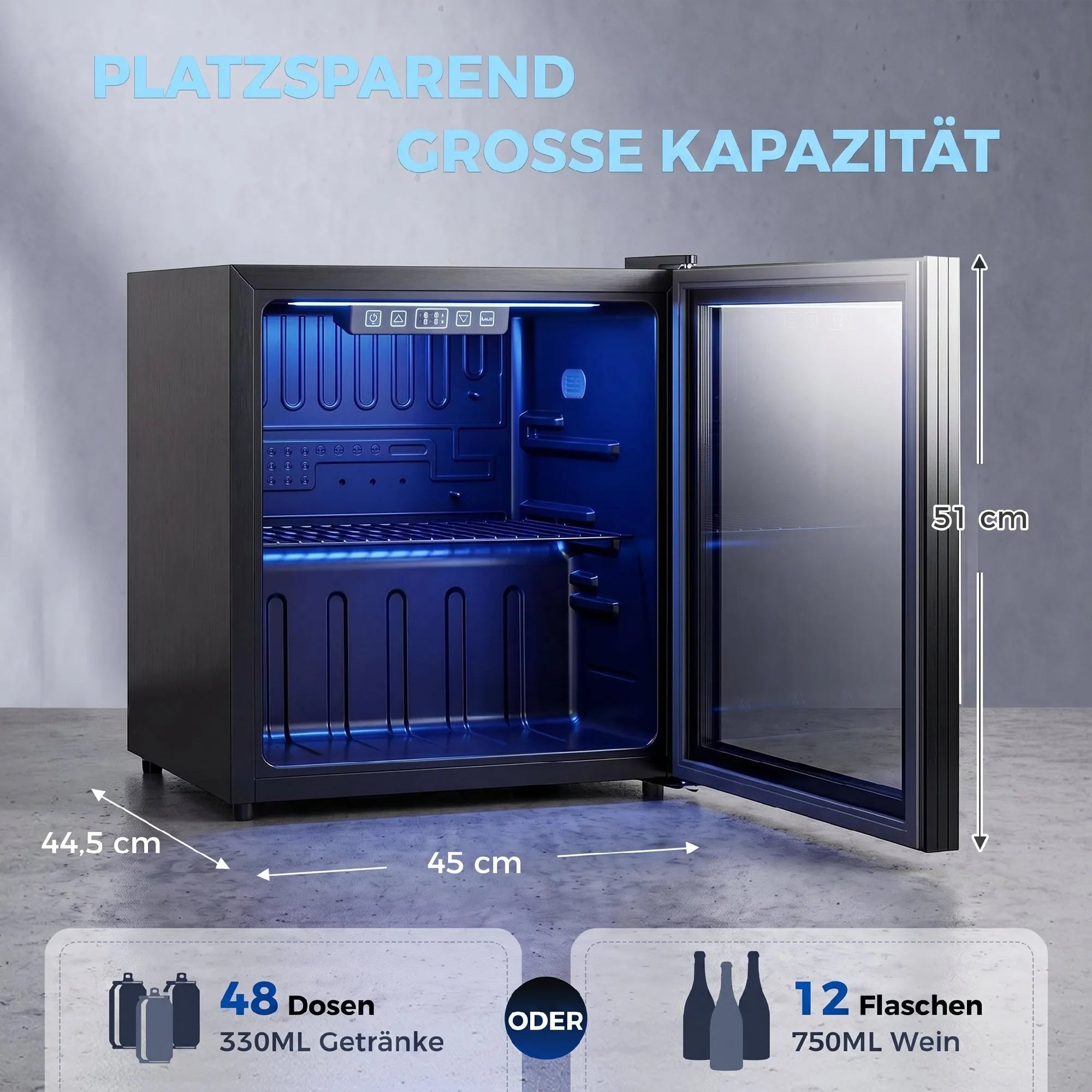 Mini šaldytuvas gėrimams, 50 l, su stiklinėmis durelėmis, juodas