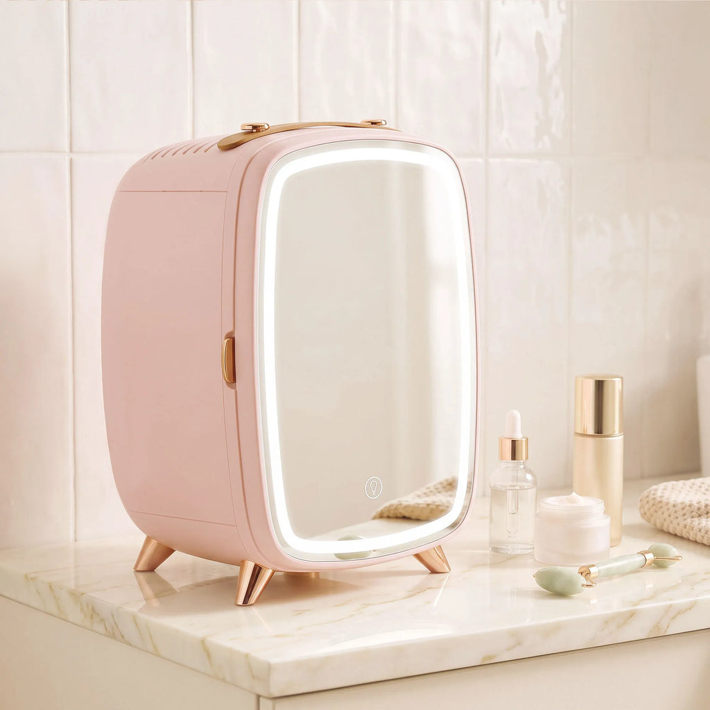 Mini šaldytuvas kosmetikai, 6 l, su apšviestu veidrodžiu