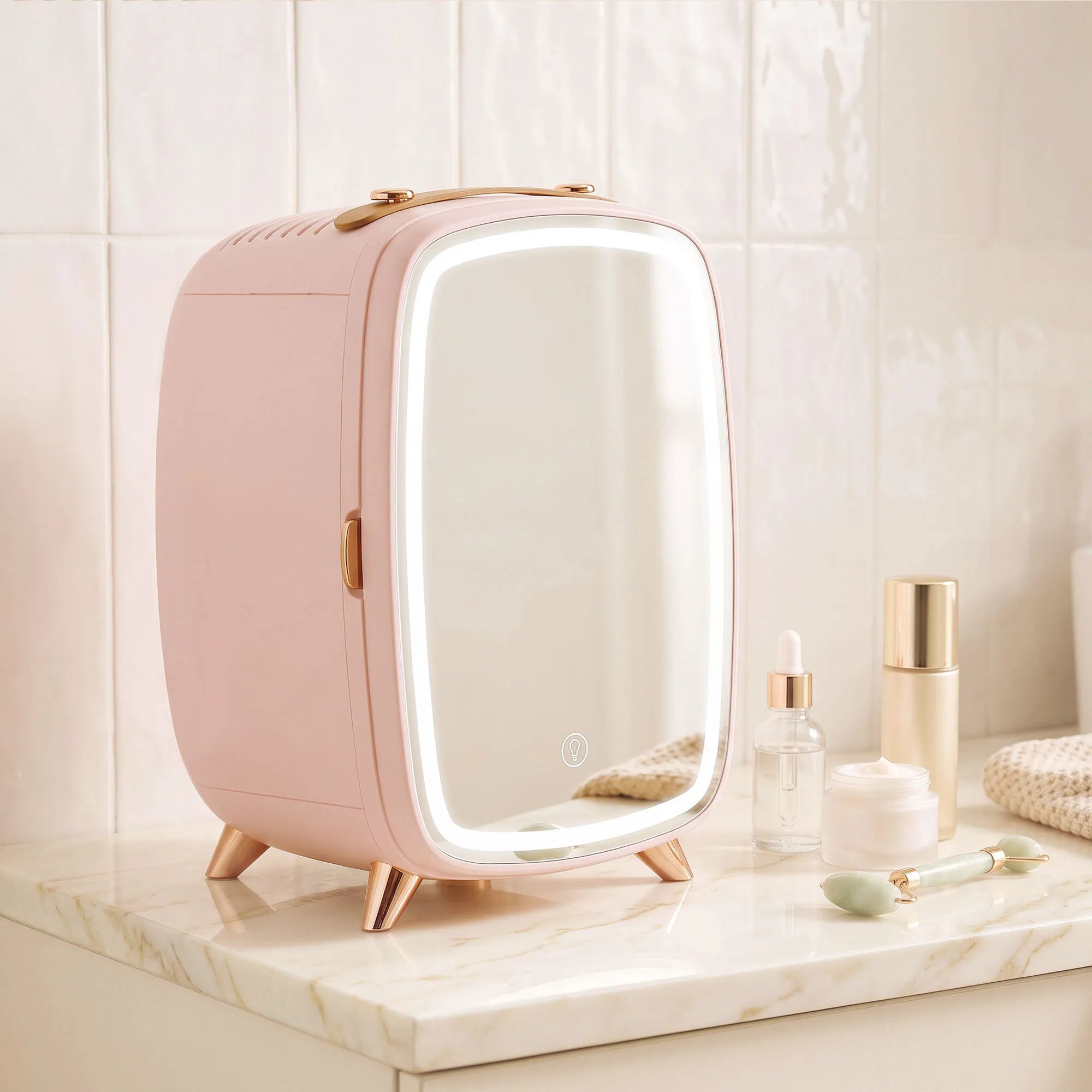 Mini šaldytuvas kosmetikai, 6 l, su apšviestu veidrodžiu