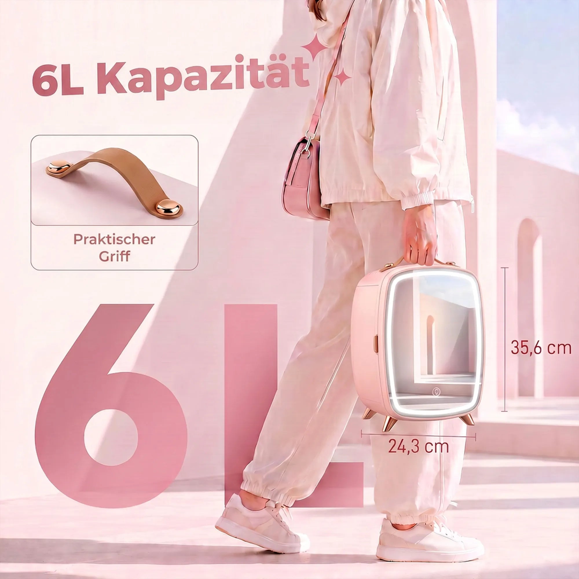 Mini šaldytuvas kosmetikai, 6 l, su apšviestu veidrodžiu