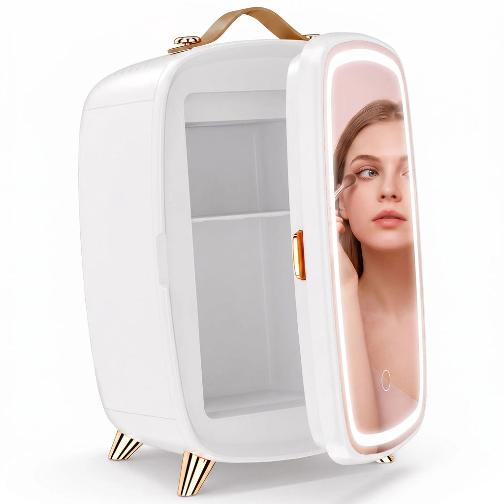 Mini šaldytuvas kosmetikai su veidrodžiu ir LED apšvietimu, 6L, baltas