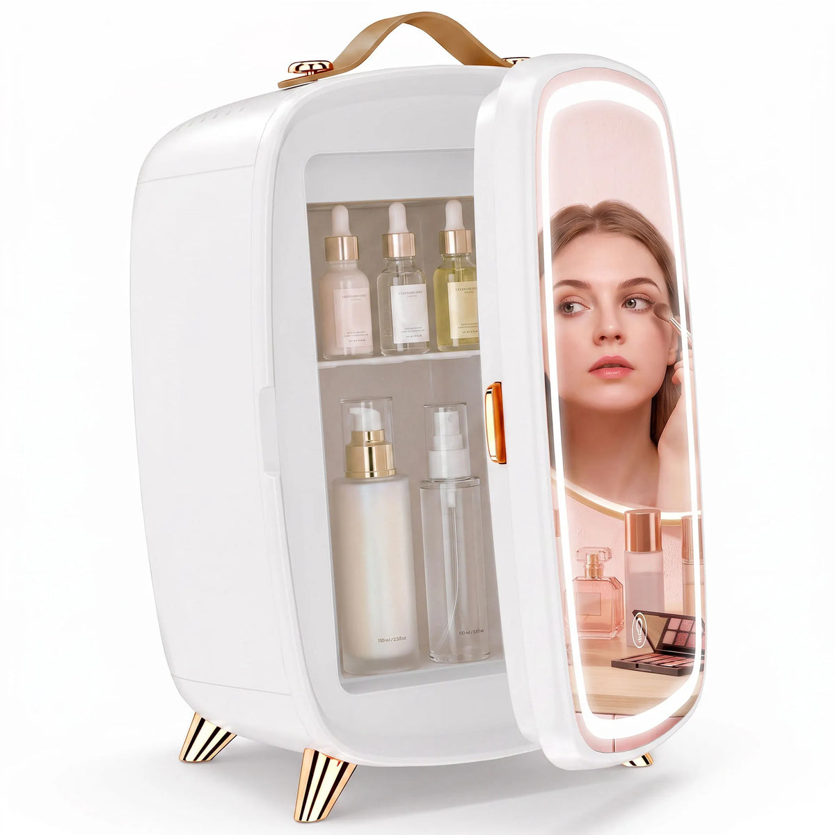 Mini šaldytuvas kosmetikai su veidrodžiu ir LED apšvietimu, 6L, baltas