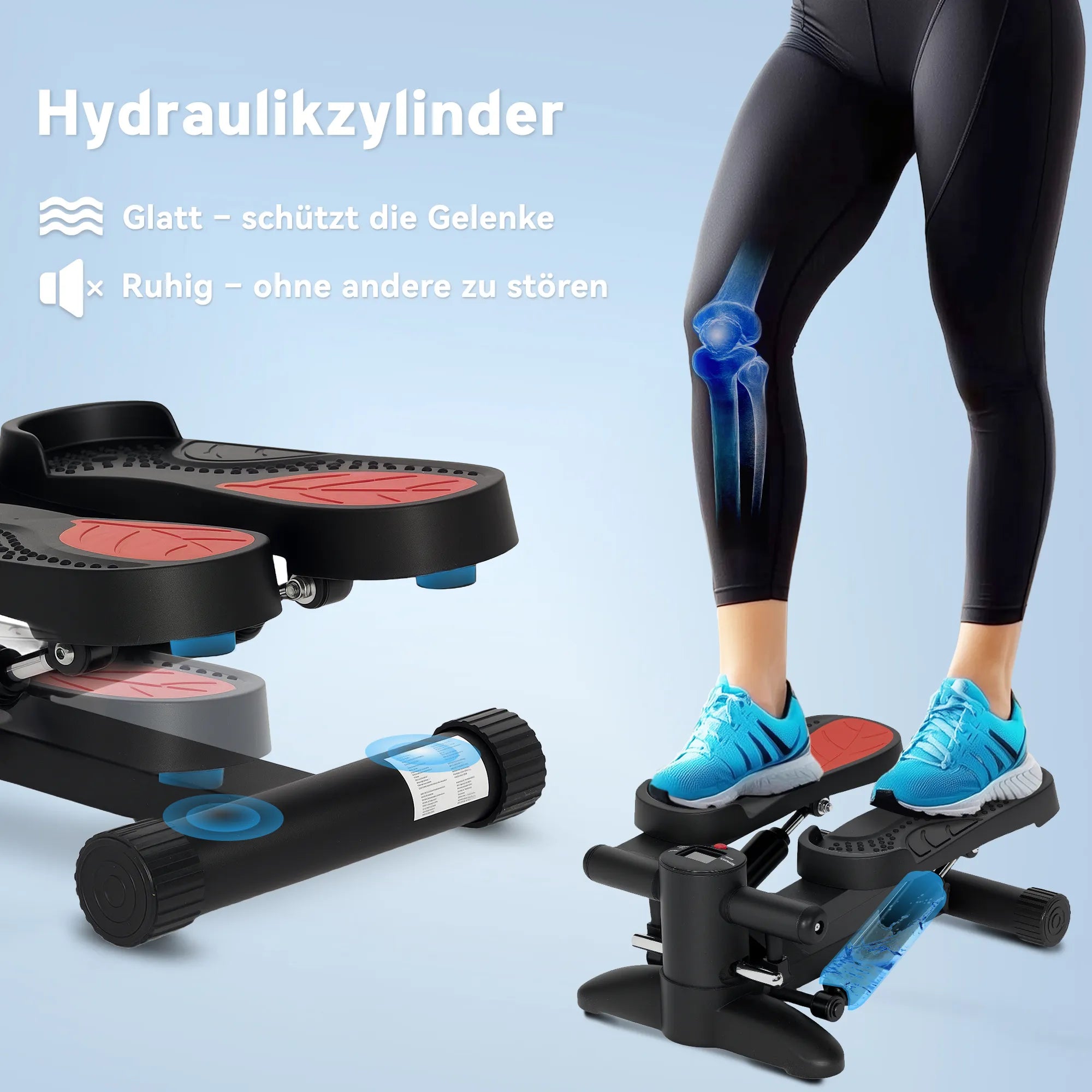 Mini steperis, kompaktiškas treniruoklis, fitneso steperis su LCD monitoriumi ir neslystančiais pedalais, juodos spalvos
