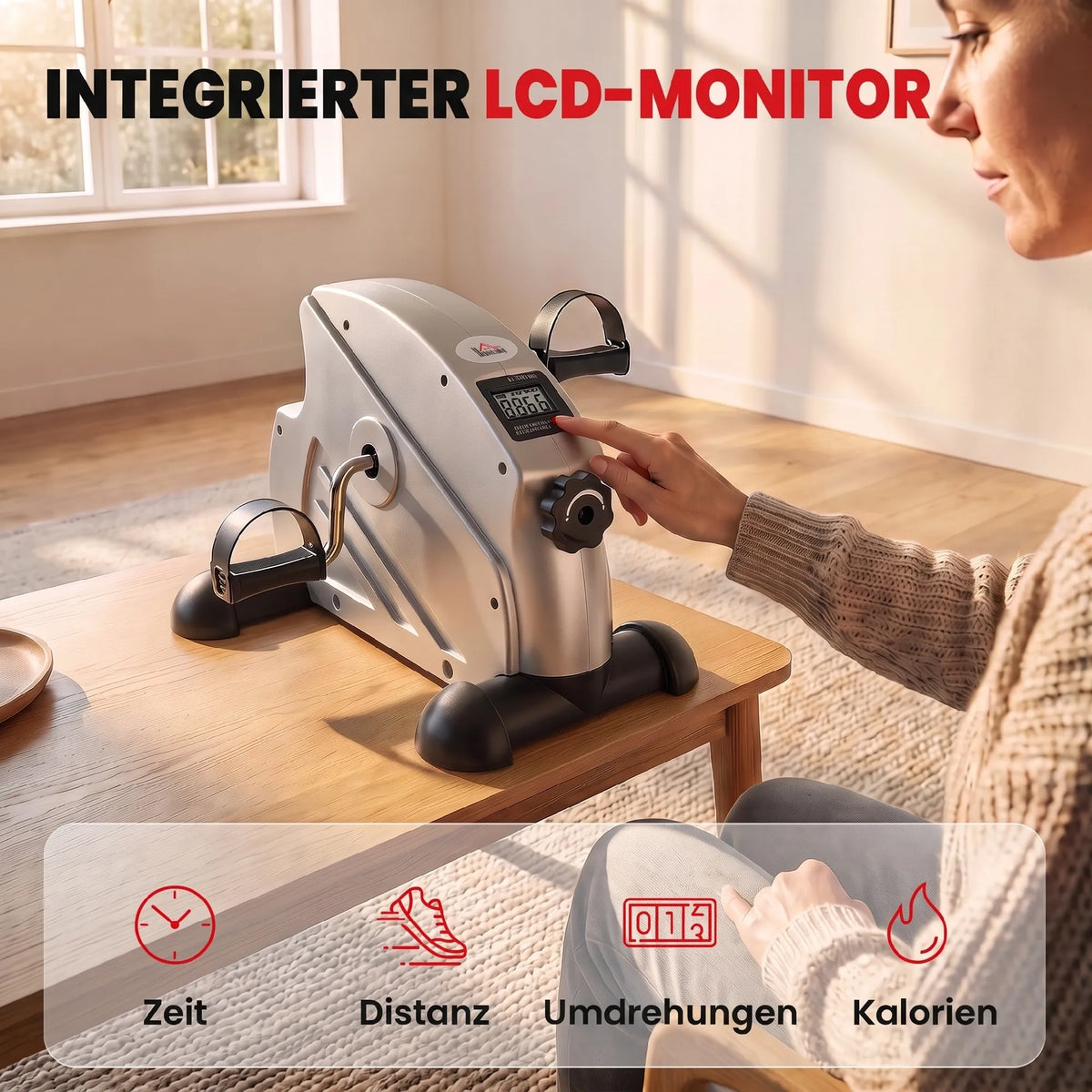 Mini treniruoklis kojoms ir rankoms su LCD ekranu, reguliuojamas, sidabrinis