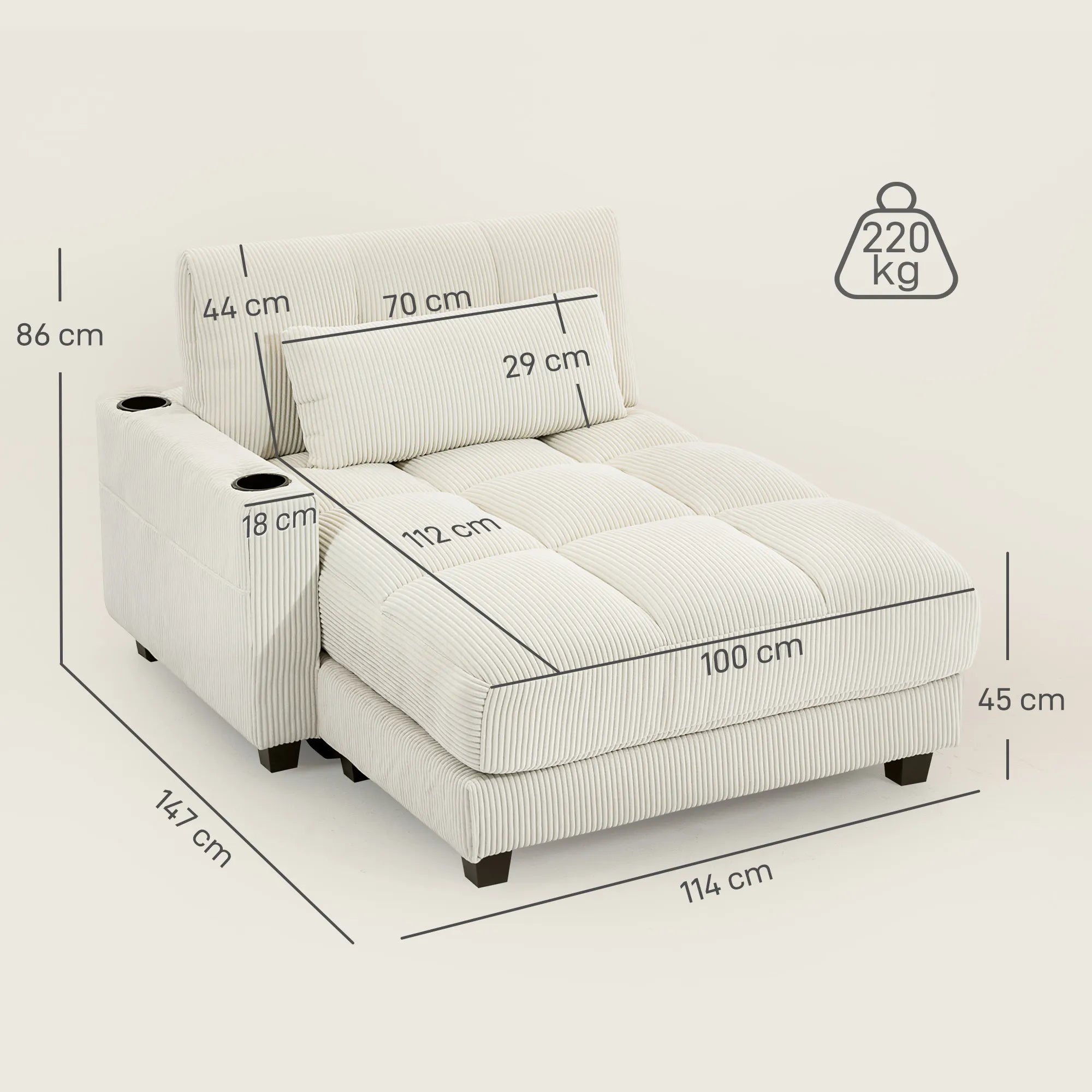 Minkšta sofa-lova su puodelių laikikliu, kreminė