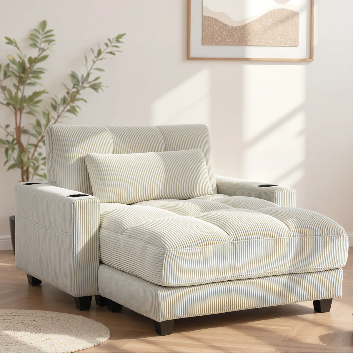 Minkšta sofa-lova su puodelių laikikliu, kreminė