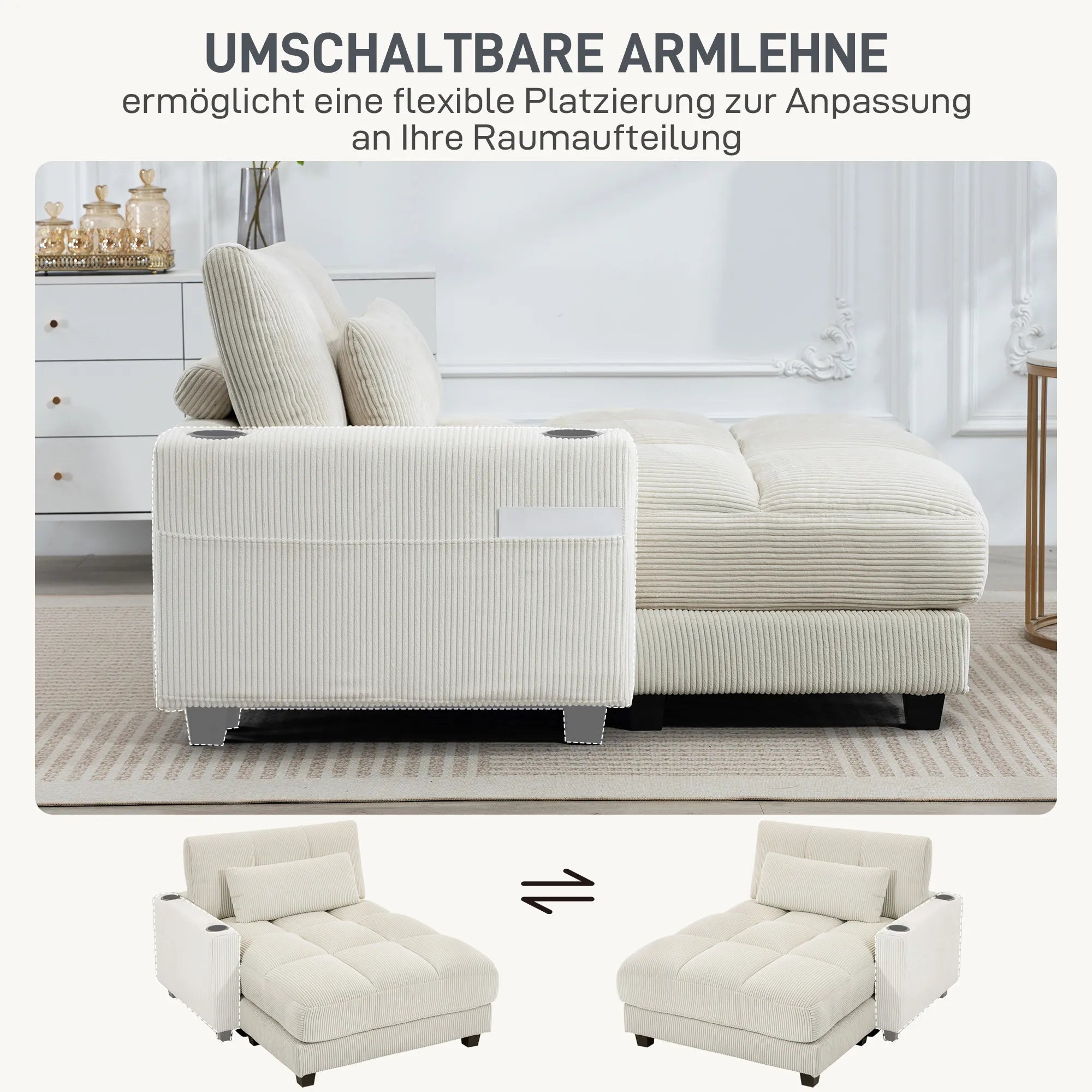 Minkšta sofa-lova su puodelių laikikliu, kreminė