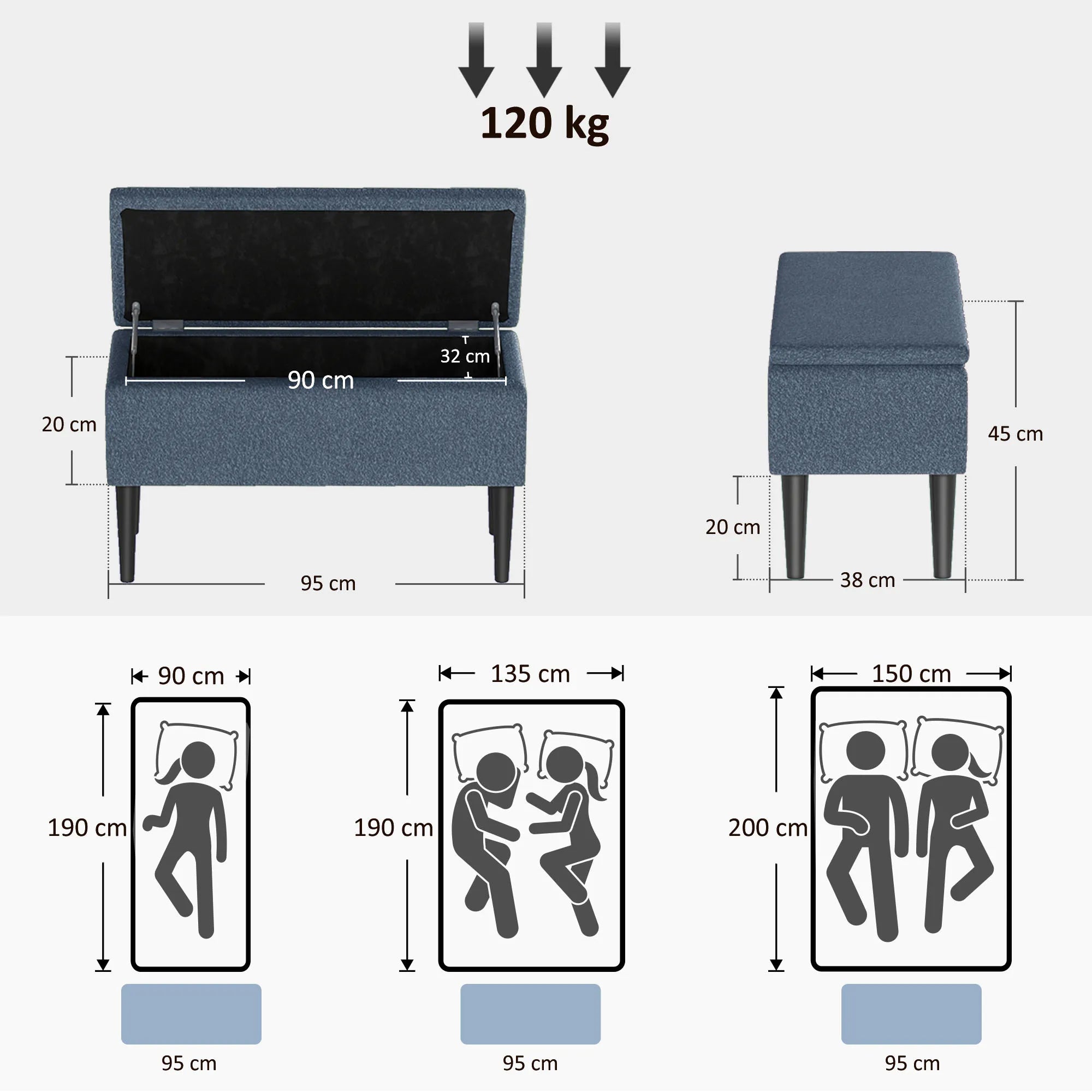 Minkšta suoliukas su daiktų laikymo dėže, kašmyro optika, iki 120 kg, natūralaus medžio rėmas, 95 x 38 x 45 cm, mėlyna