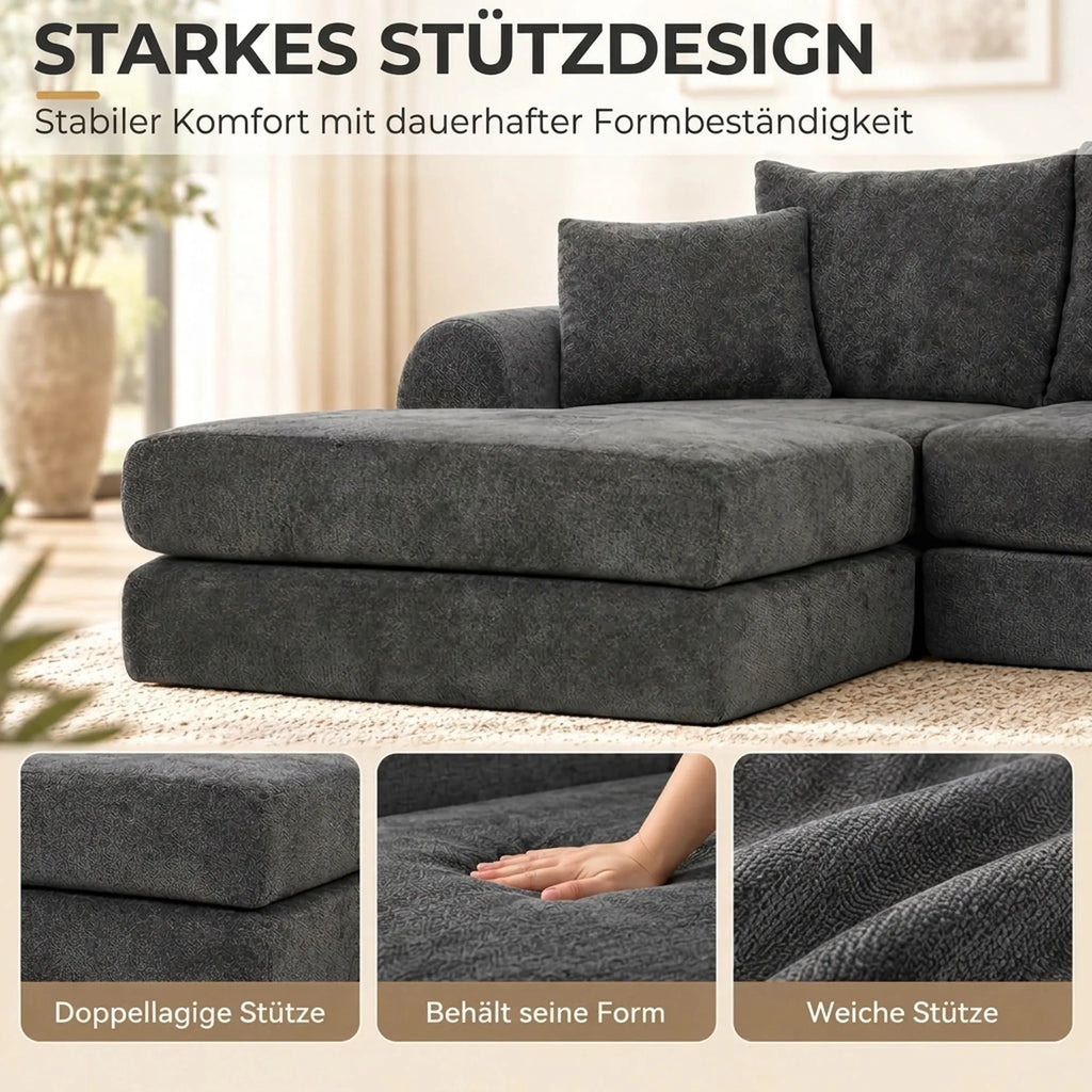 Minkštas kampas sofa lova, modulinis, 76 cm sėdynės gylis, tamsiai pilkas