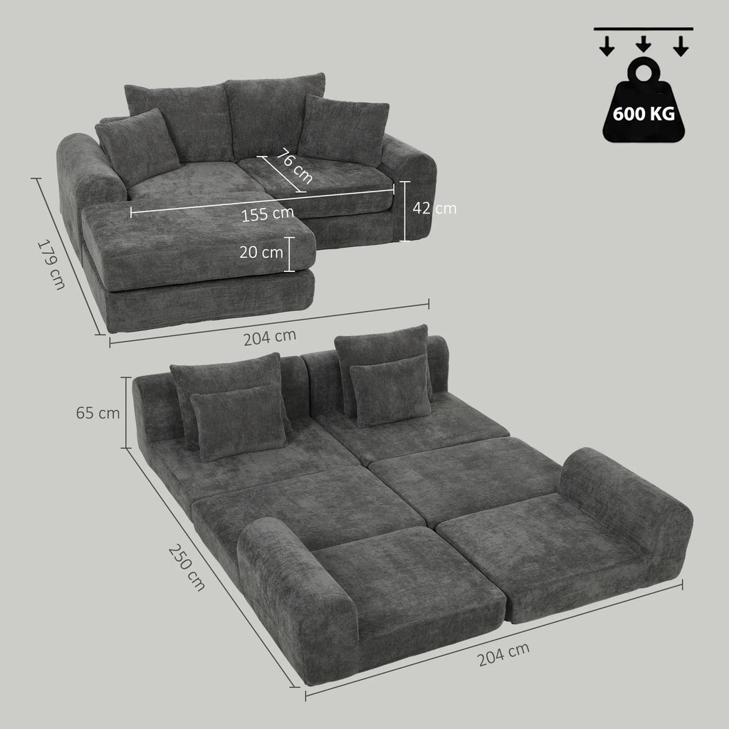 Minkštas kampas sofa lova, modulinis, 76 cm sėdynės gylis, tamsiai pilkas