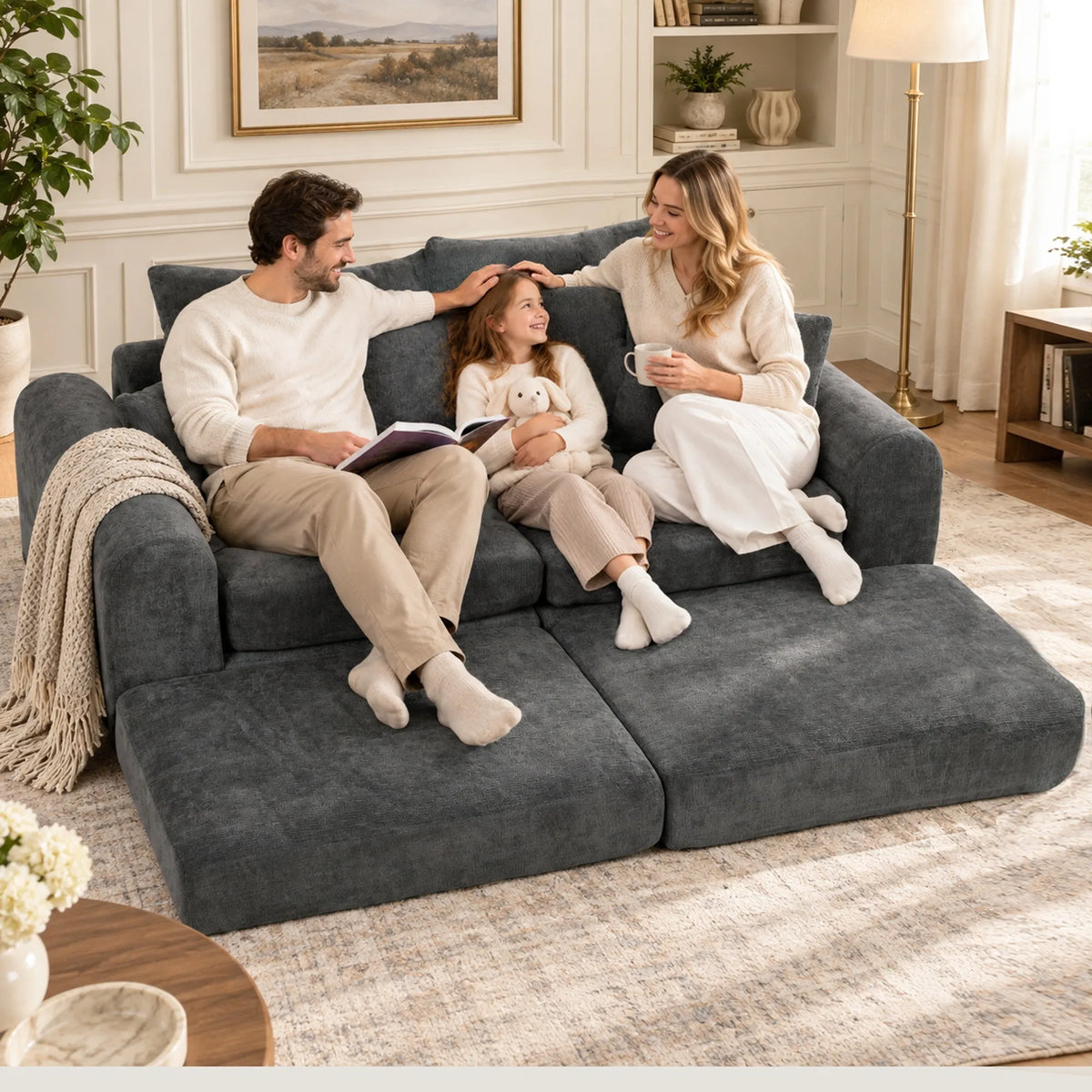 Minkštas kampas sofa lova, modulinis, 76 cm sėdynės gylis, tamsiai pilkas