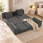 Minkštas kampas sofa lova, modulinis, 76 cm sėdynės gylis, tamsiai pilkas